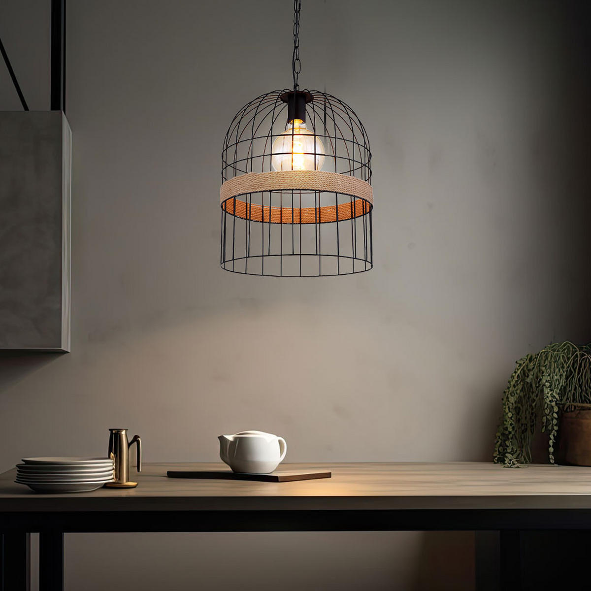 LED HÄNGELAMPE HALIA Schwarz Hanfseil - Schwarz, Metall (35/35/140cm) - Globo Lighting