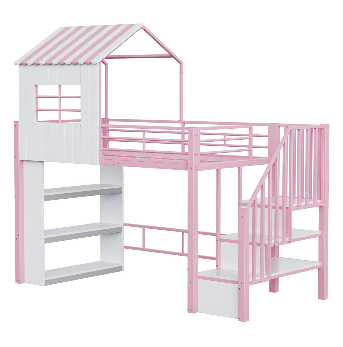 HOCHBETT 90/200 cm rosa/weiß aus Metall und MDF mit Treppe und Regal - Rosa, Metall (90/200cm) - OKWISH