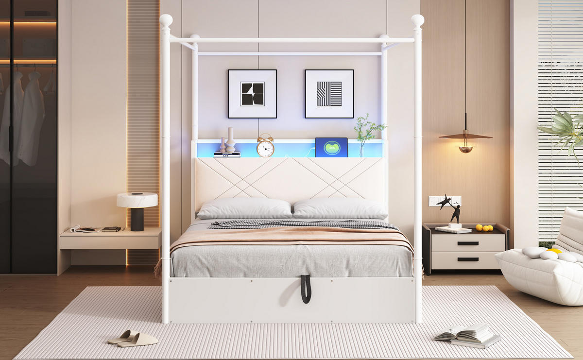METALLBETT 140/190 cm in Weiß mit Bettkasten, LED, USB und Type-C - Weiß, Holzwerkstoff/Metall (140/190cm) - STILVORA
