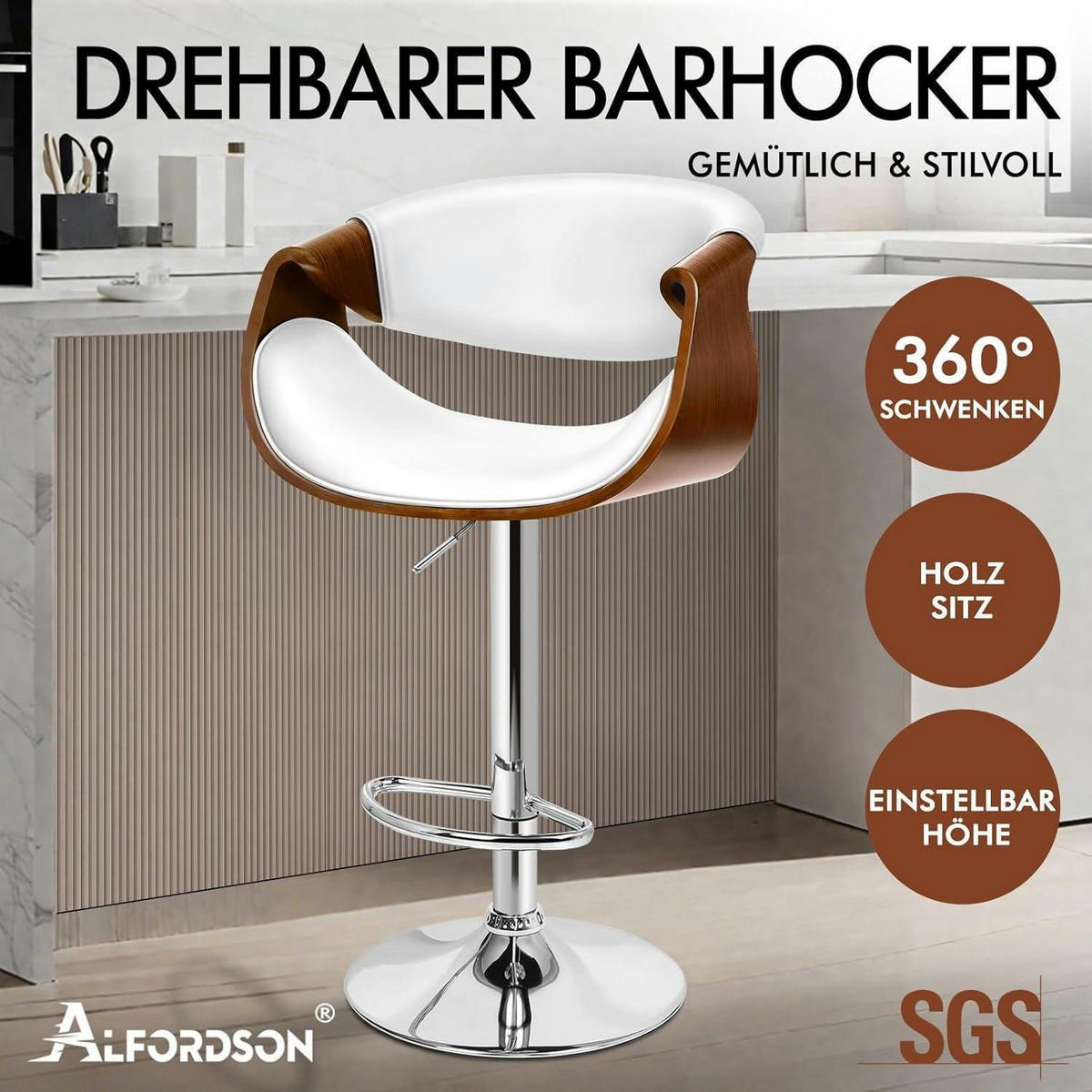 BARHOCKER mit Holzrückenlehne Weiß Höhenverstellbar 360° drehbar - Weiß, Kunststoff (40/110/40cm)