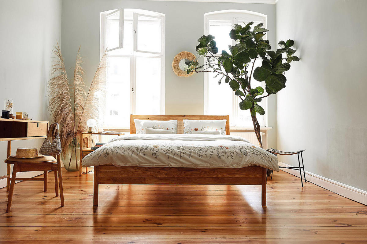 BETT MIT RATTANKOPFTEIL INA 120x220 Wildeiche - Dunkelbraun, Holz (120/220cm) - byoak