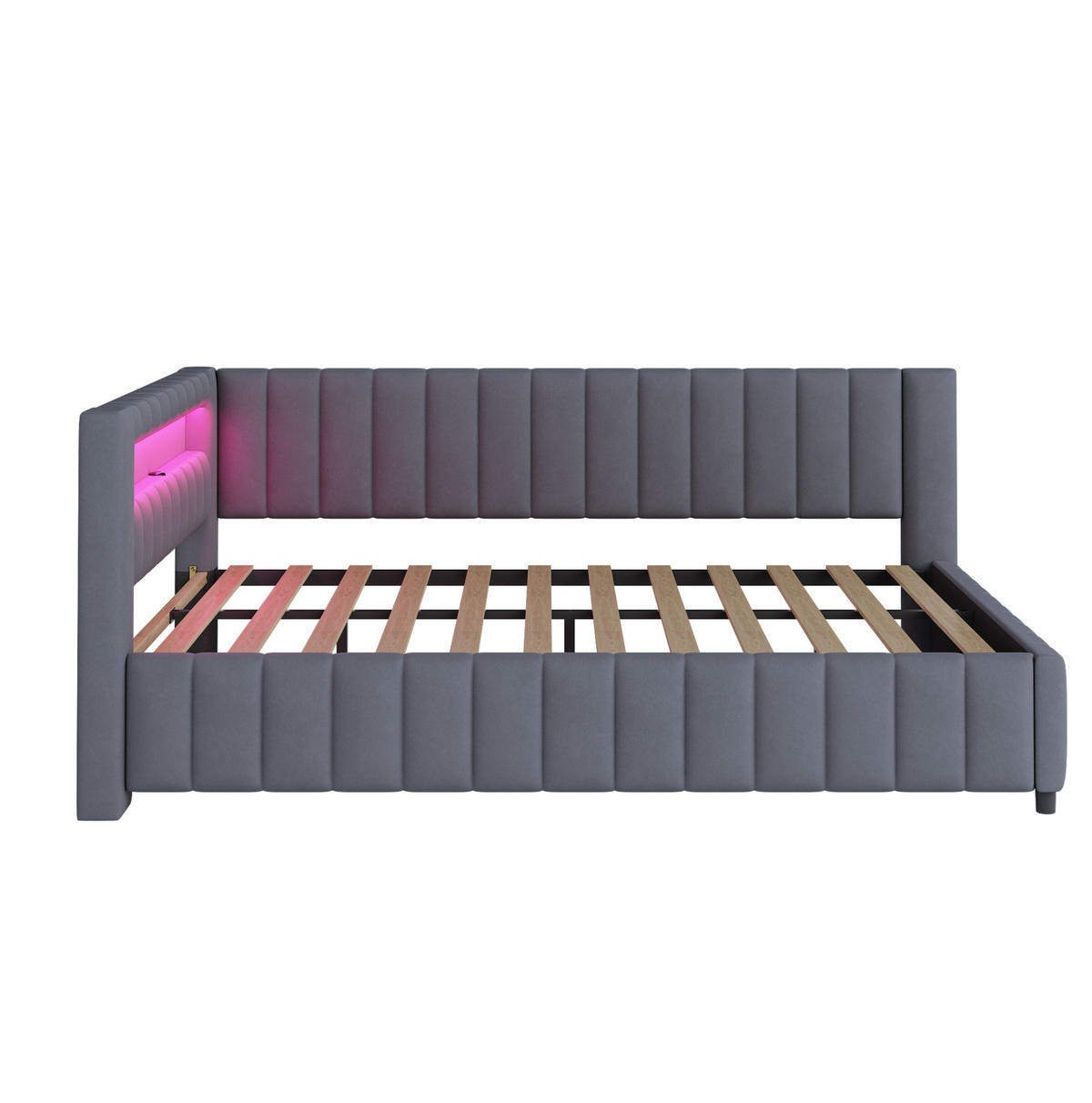 ČALÚNENÁ posteľ 140/200 cm s LED osvetlením, USB portom, opierkou chrbta a stabilným lamelovým roštom, Sivá - sivá, textil (140/200cm) - Redom