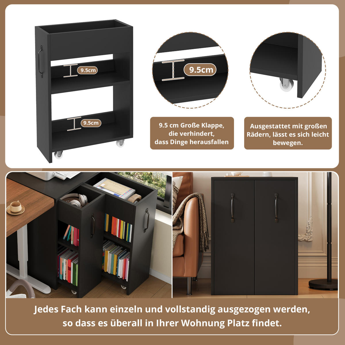 SIDEBOARD 52/50/75 cm Schwarz aus Spanplatte mit Rollen - Schwarz, Holzwerkstoff (50/75/52cm) - OKMYHOME