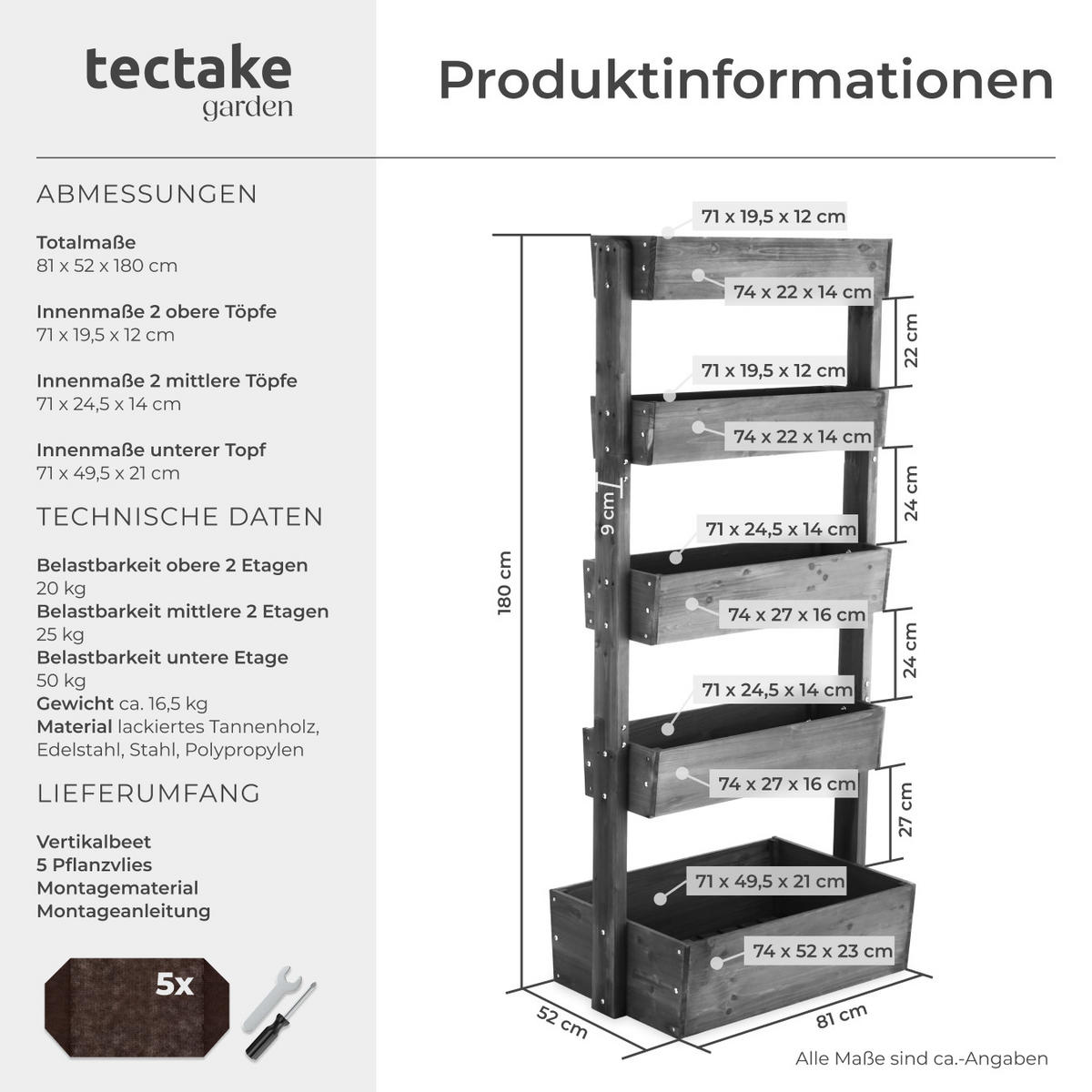 VERTIKALBEET Flora,inklusive Pflanzvlies, 81 x 52 x 180 cm,grau - Grau, Holz (81/180/52cm) - tectake