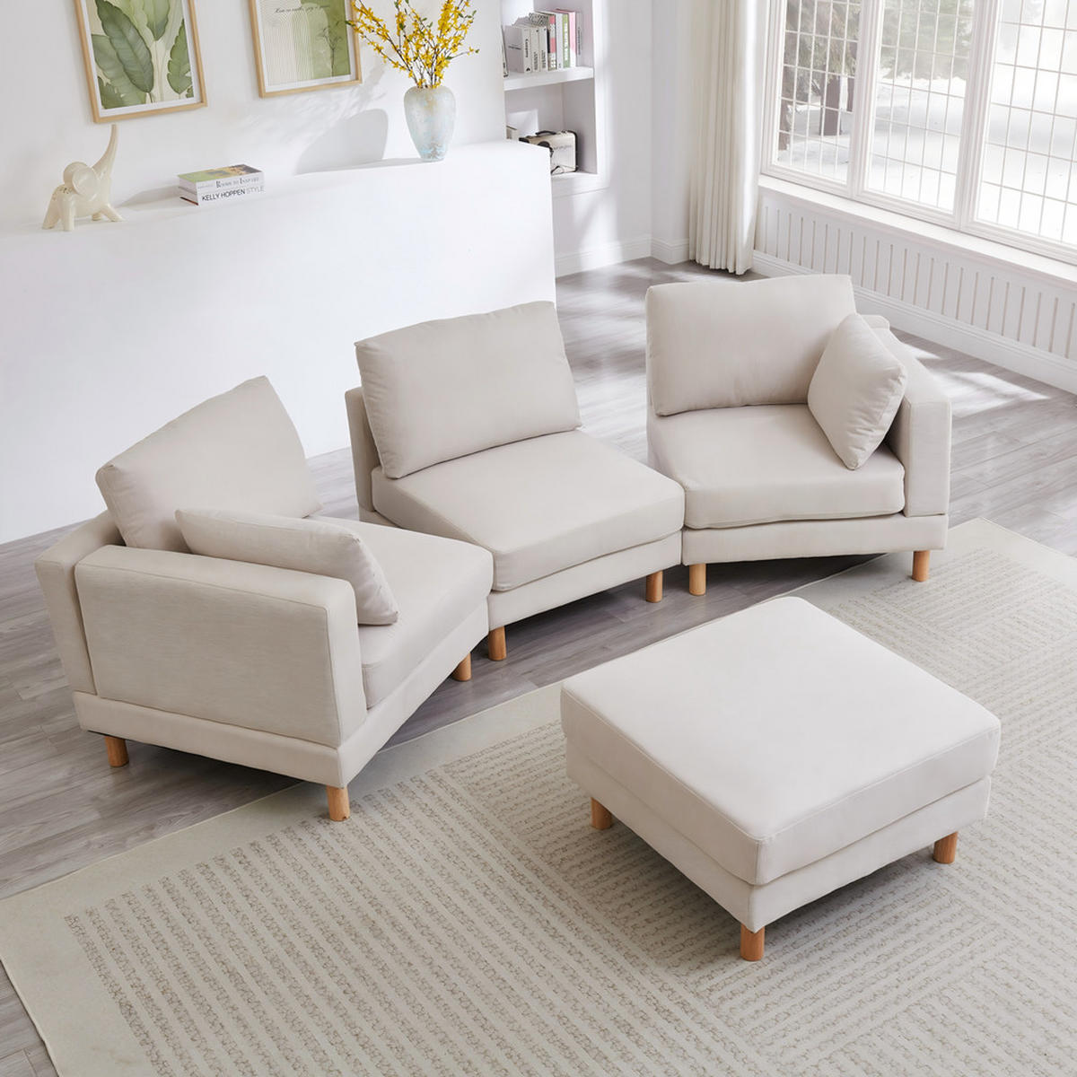 ECKSOFA Hocker Polyester 235x152cm Beige Taschenfederkern Holzfüße - Beige, Textil (152/235cm) - Raelunyi