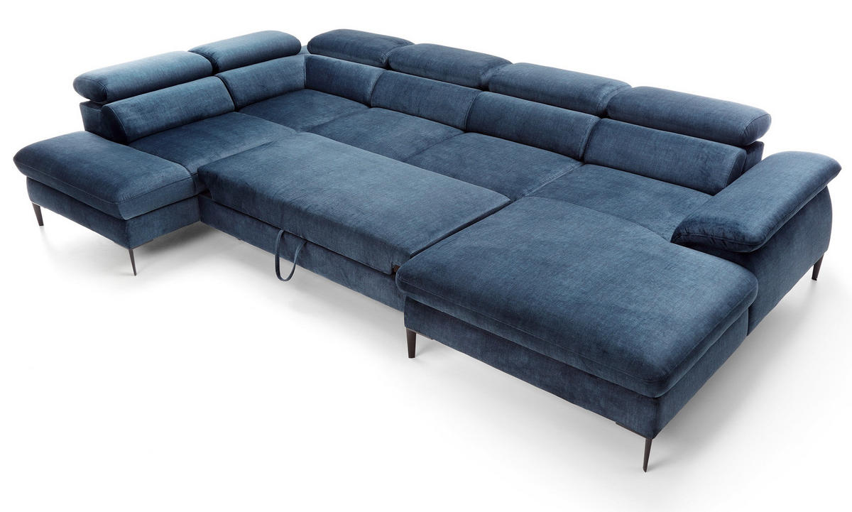 ECKSOFA U-Form 350 cm Amaro M mit Schlaffunktion, Rechts, Dunkelblau - Dunkelblau, Holz (353/214cm) - Emporius