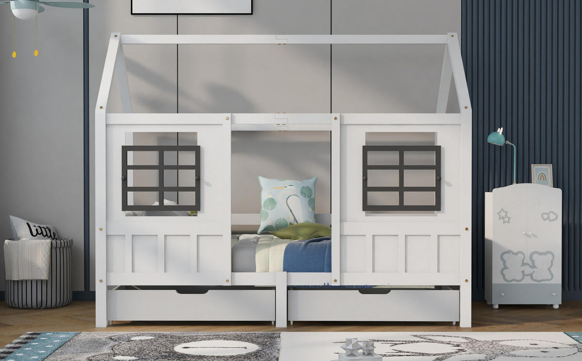 HAUSBETT 90/200 cm mit 2 Schubladen und Doppelfenstern aus Kiefer und MDF, Weiß - Weiß, Holzwerkstoff (90/200cm) - Redom