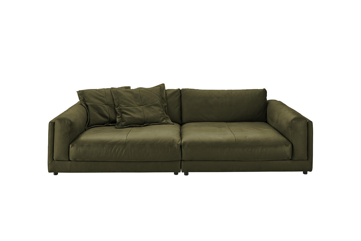 BIG SOFA RAINA Grün Leder - Schwarz/Olivgrün, Leder/Kunststoff (254/85/150cm) - KAWOLA