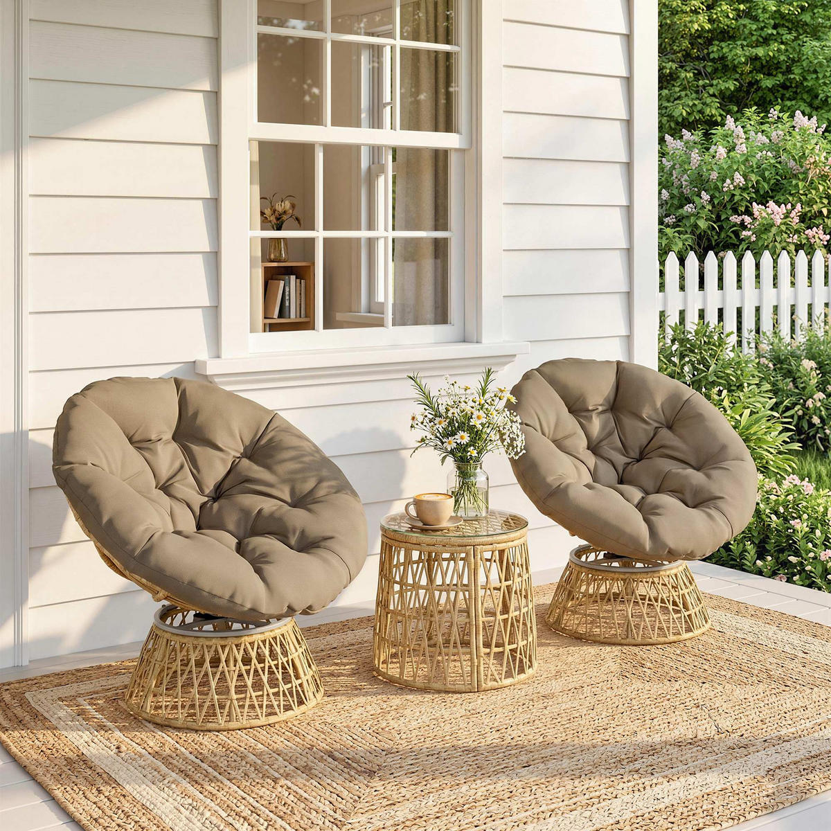 BISTRO-SET DE-06707 360° drehbare Stühle, wetterbeständig Natur/Hellbraun - Mokka, Kunststoff/Metall - ComfortXL