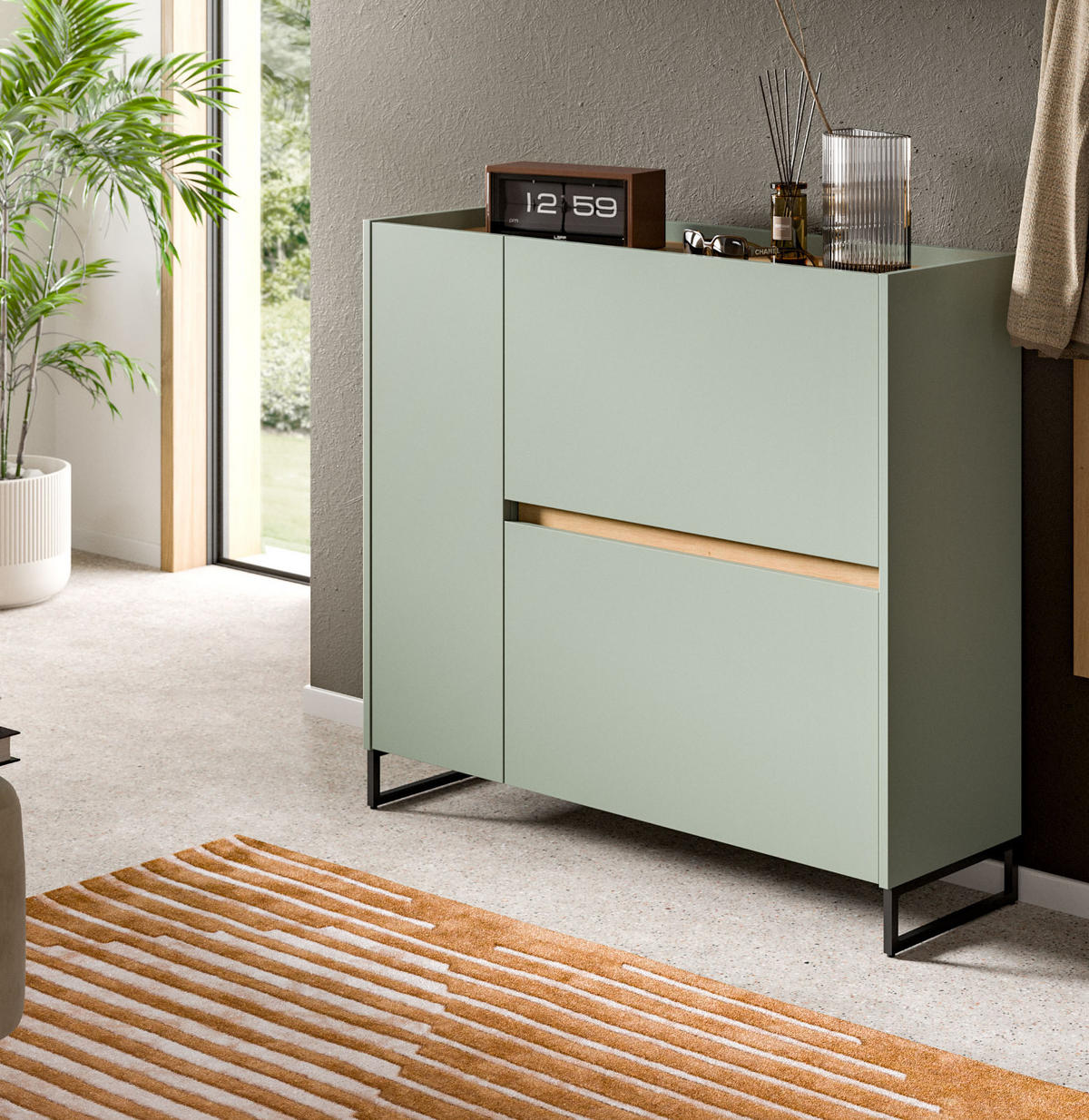 SCHUHKIPPER Salbei grün, Artisan Eiche 110 x 94 cm, Schuhschrank mit Soft-Close - Salbeigrün/Schwarz, Holzwerkstoff/Metall (110/94/32cm) - Inn.Furn