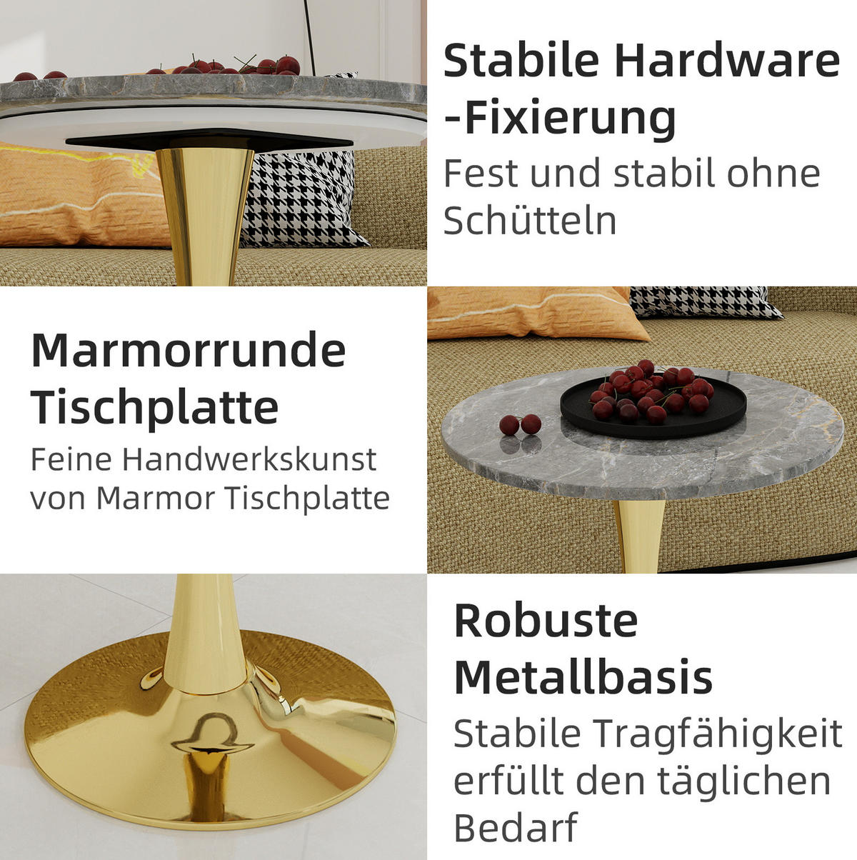 COUCHTISCH 70,1 cm in Gold aus Kunstmarmor–rund und vielseitig - Goldfarben, Stein (70/70/72cm) - Flora Grace