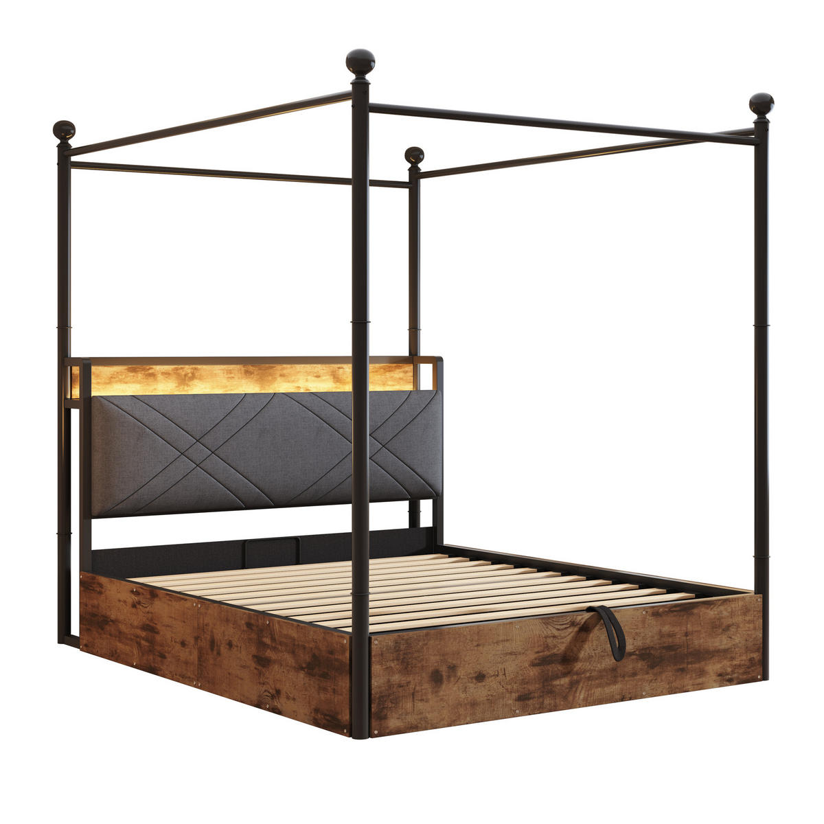 METALLBETT 140/190 cm in Schwarz mit Stauraum, LED-Beleuchtung und USB-/Type-C - Schwarz, Metall (140/190cm) - Flora Grace