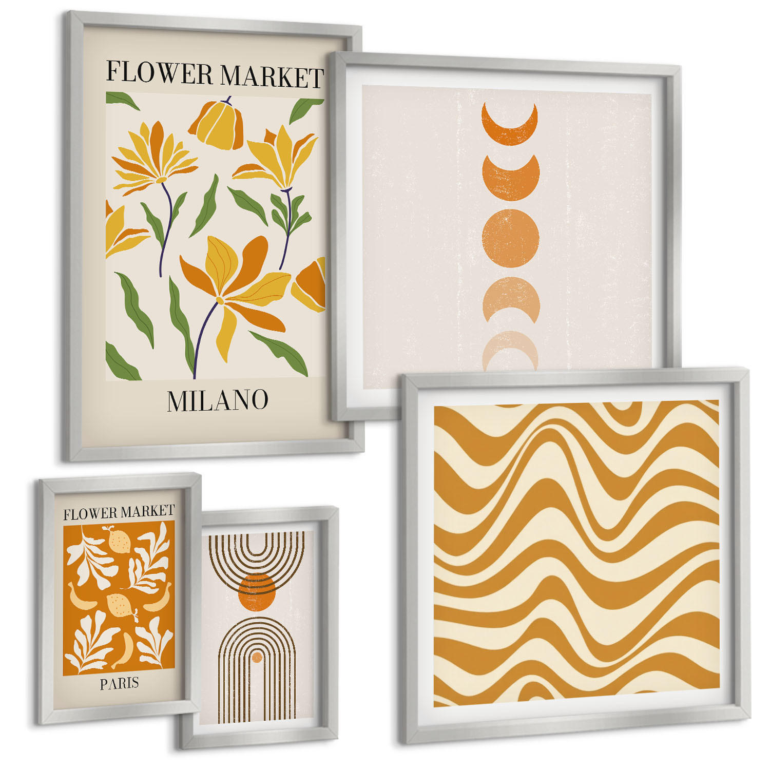 BILDER SET 5er Set - 50x50 cm & 20x30 cm & 40x60 cm Silberner Rahmen - Geometrische Pflanzenmuster - Silberfarben, Kunststoff (40/60cm) - TULUP