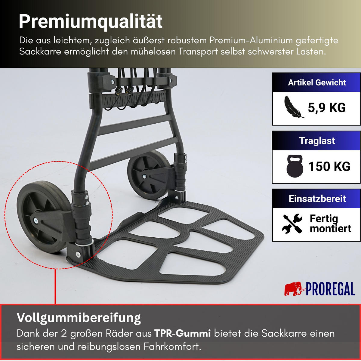 SACKKARRE Elephant klappbar 115x50x53cm Traglast 150kg AluminiumrahmenTRR Fachgummiräder Schwarz - Schwarz, Metall (53/50/115cm) - PROREGAL