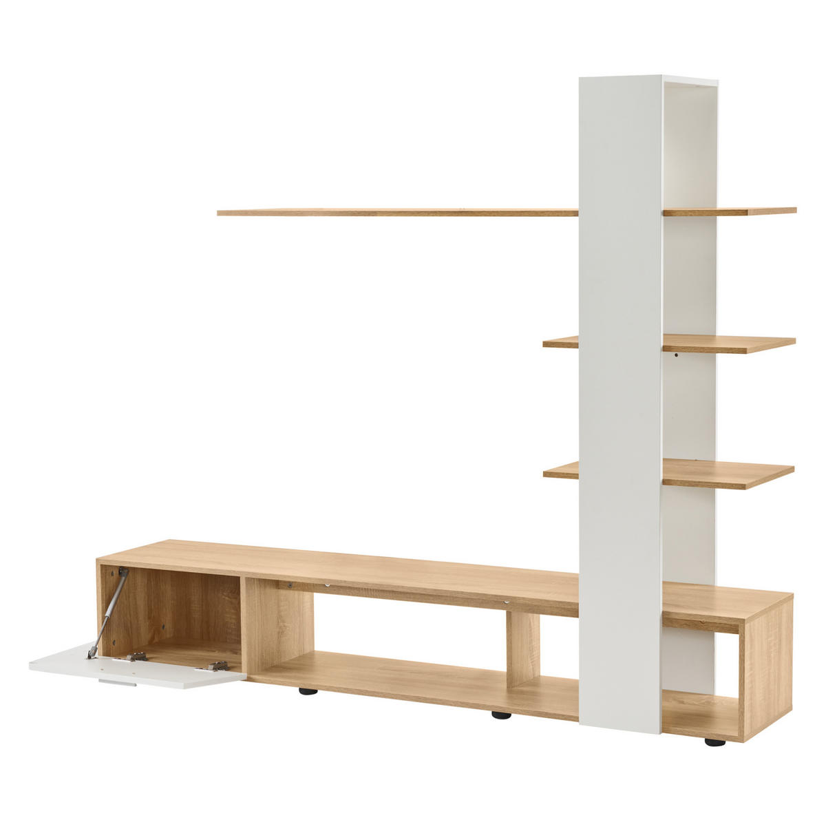 TV-WANDSCHRANK aus Spanplatte 180x33,5x151,5 cm Weiß/Holzfarben mit Stauraum, Tür und Regalen für TV bis 60 Zoll - Weiß, Holzwerkstoff (180/151.5/33.5cm) - Modfu