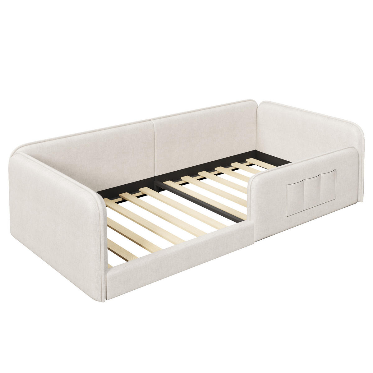 POLSTERBETT 90/200 cm in Beige mit Rundum-Sicherheitsrahmen, Schaumstoffpolsterung und Aufbewahrungstaschen aus Leinen - Beige, Holzwerkstoff/Textil (90/200cm) - STILVORA