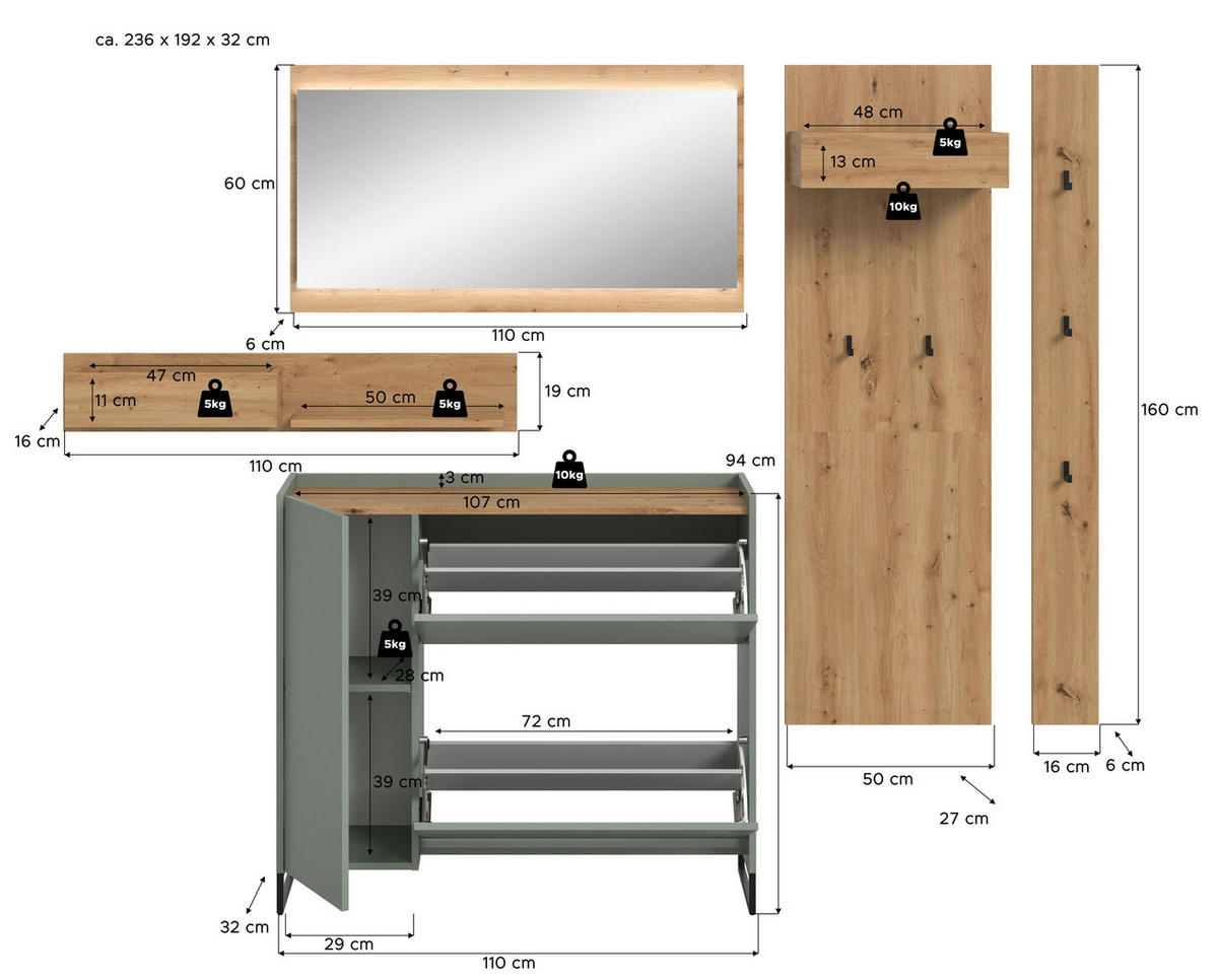 GARDEROBE Flow (B/H/T: ca. 236/192/32 cm) 5 tlg. in Salbei/Salbei - Salbeigrün, Holzwerkstoff (236/192/32cm) - Homes & Jones