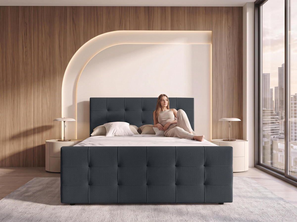 BOXBETT DEFNE 160x200 cm mit Fußteil und Matratze - Schwarz + TOPPER - Schwarz, Holz/Holzwerkstoff (160/200cm) - AX Living