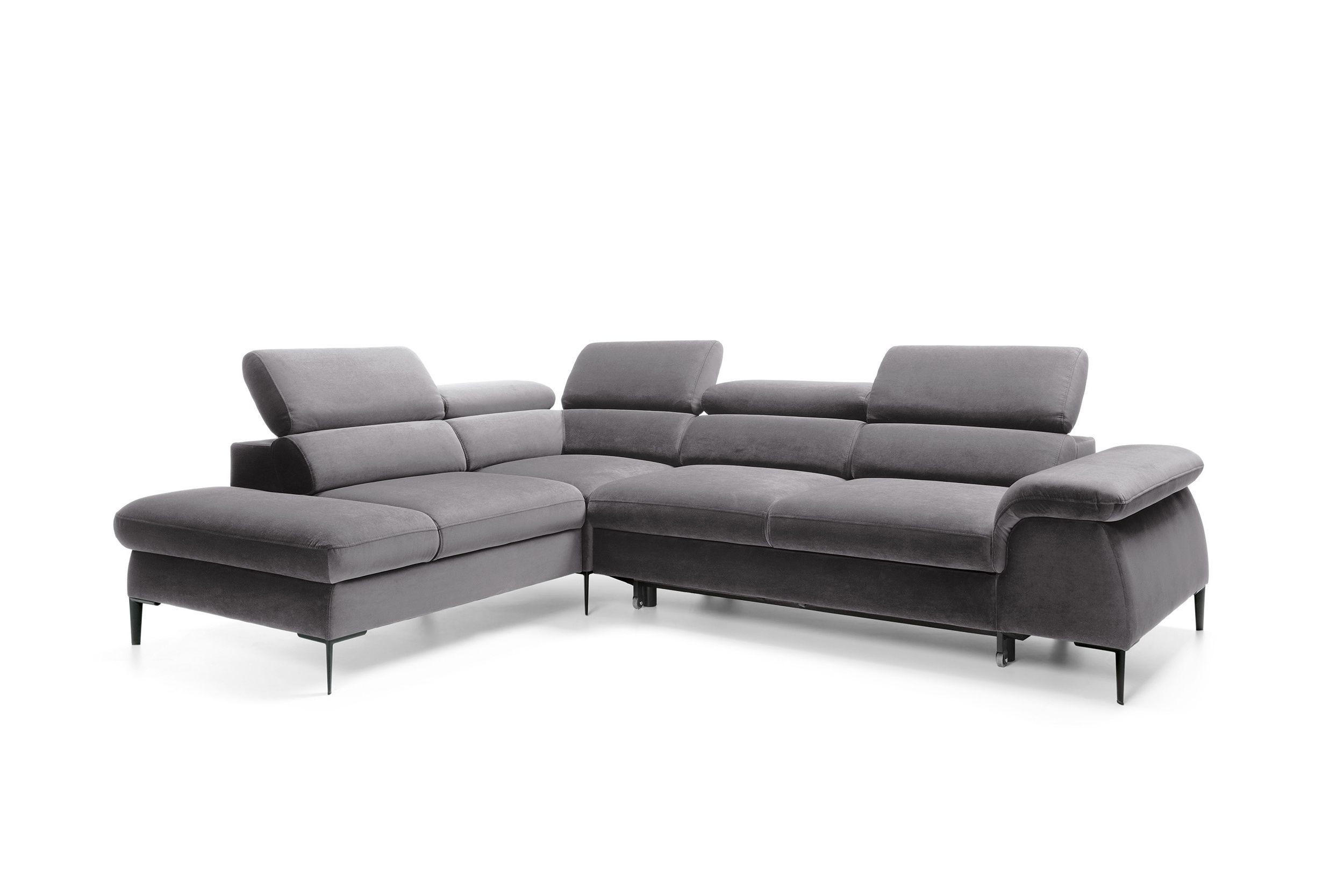 ECKSOFA MESTO Grau Velours-Stoff mit Schlaffunktion - Grau, Holz (280/214cm) - MASSENO