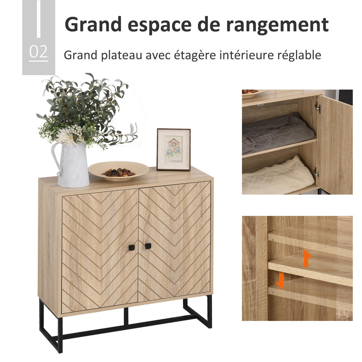 SIDEBOARD DE-10987 Chevron-Muster Holz/Schwarz - Naturfarben, Holzwerkstoff (80/80/29cm) - ComfortXL
