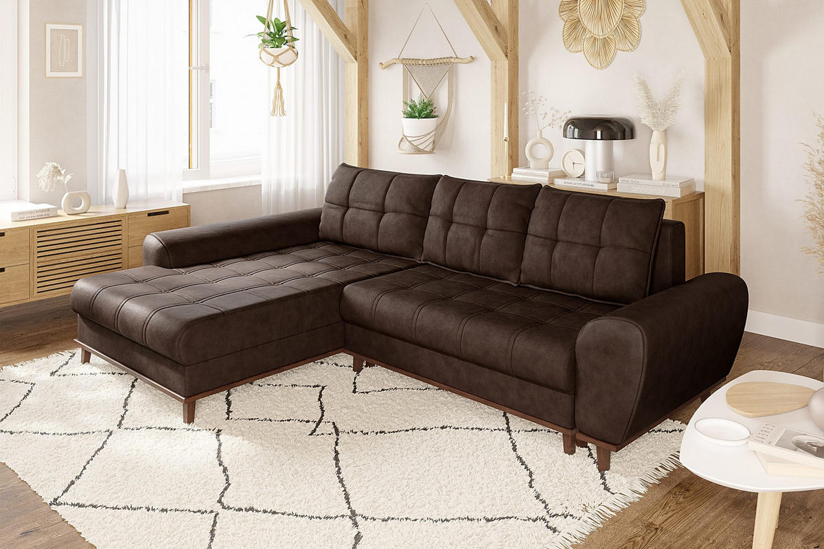 ECKSOFA im Scandi-Stil, Schlaffunktion, Bettkasten B268/T175/H86 cm, Ottomane links, Liegefl. 128x209 cm, Mikrofaserstoff in Vintage Braun / 21018 - Eichefarben/Braun, Holz/Textil (268/175cm) - luma-home