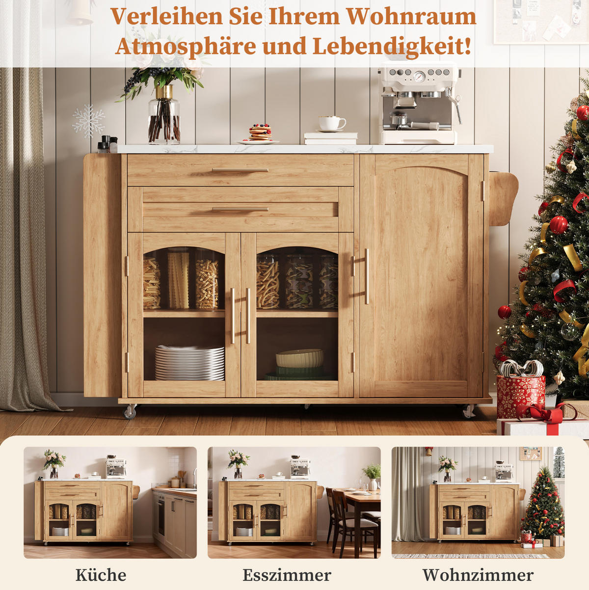 KÜCHENINSEL aus MDF 120x45(70)x90 cm Natur mit klappbarer Arbeitsplatte, Glastüren, Schubladen und 5 Rollen - Naturfarben, Holzwerkstoff (138/90/70cm) - Modfu