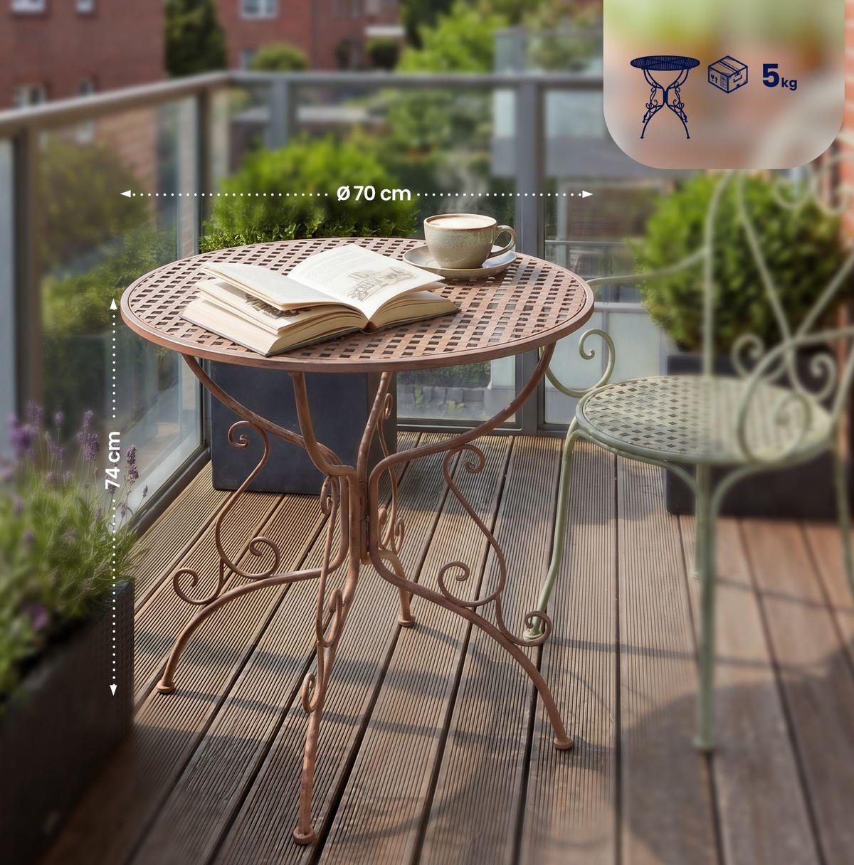 GARTENBEISTELLTISCH rund Ø70 cm Metall Antik Braun - Braun, Metall (70/70/74cm) - CLP