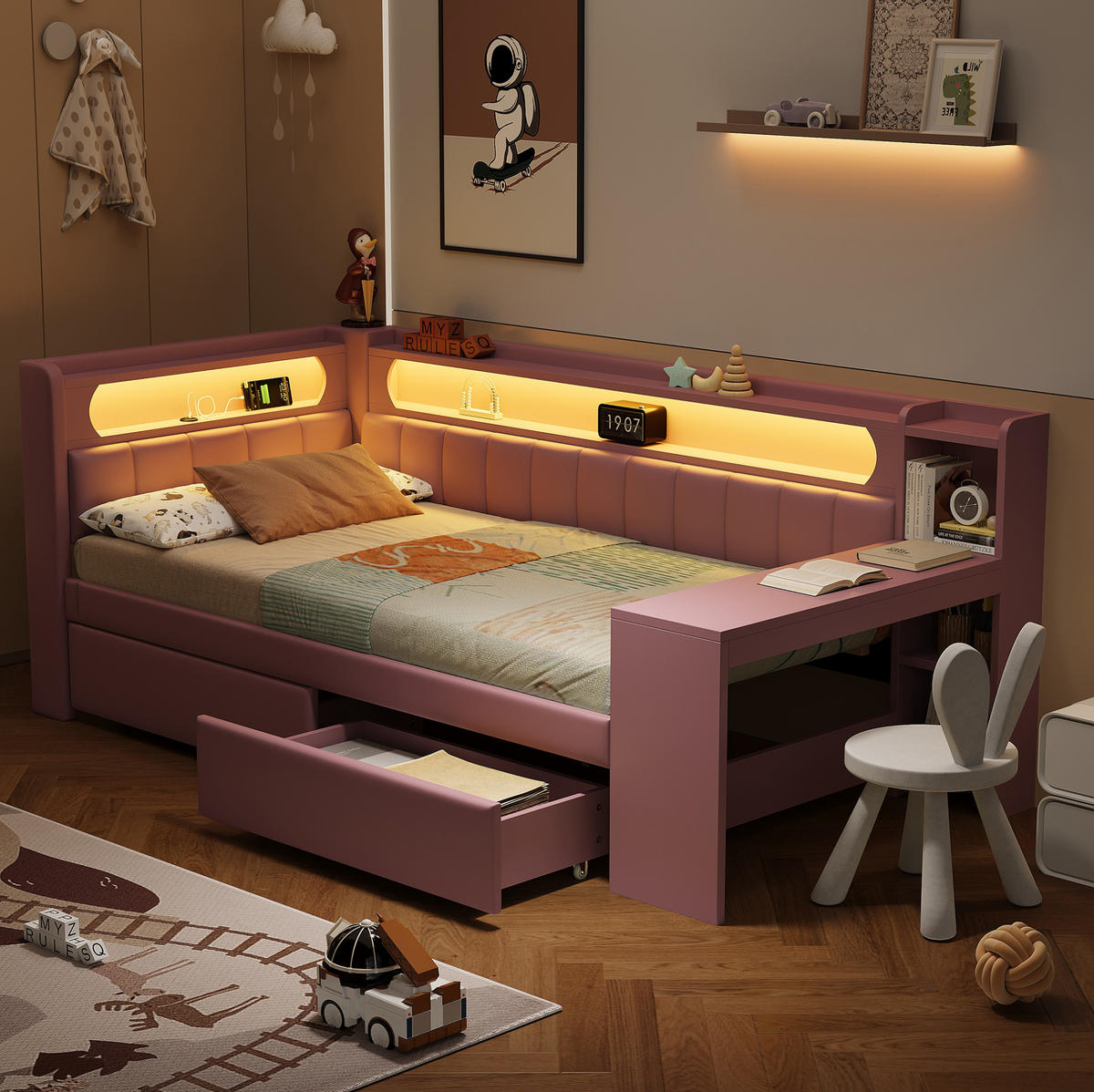 ČALÚNENÁ posteľ z MDF a preglejky 90x200 cm ružová s LED osvetlením, USB portom, písacím stolom a úložnými zásuvkami - ružová, textil (90/200cm) - Modfu
