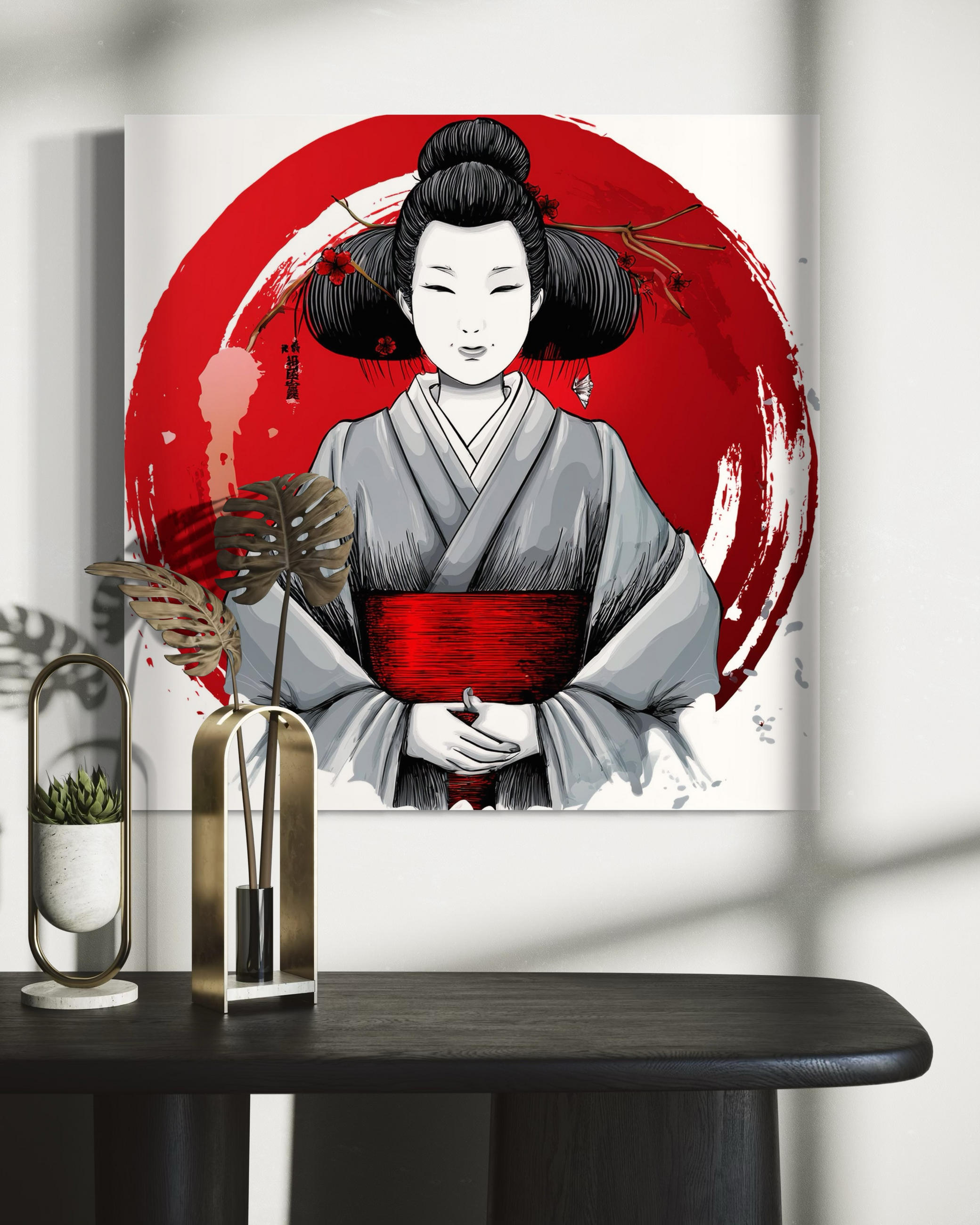 WANDBILD japanische geisha ukiyo e - Rot, Textil (50/50cm) - Feeby