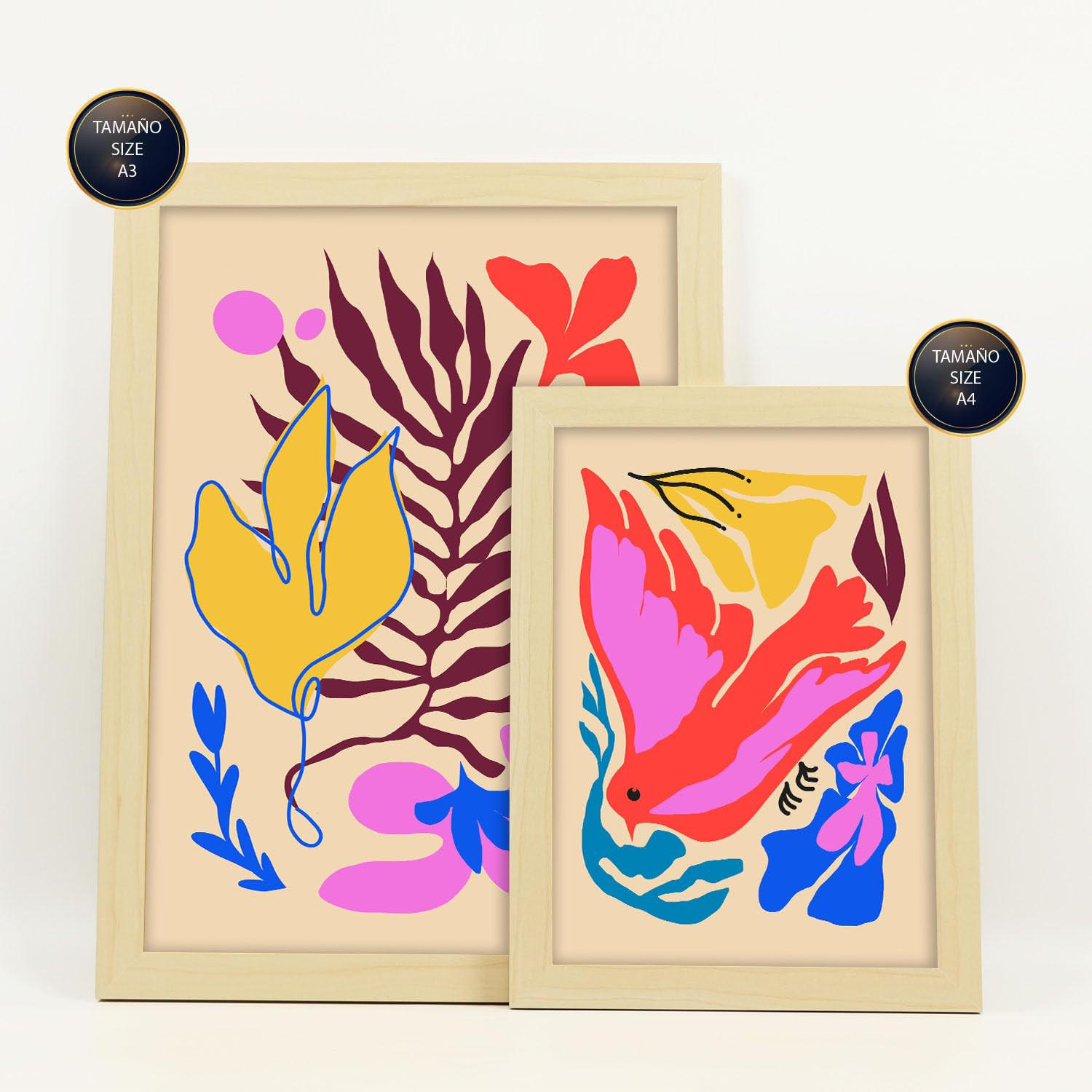 POSTER Set Mit 6 Malerisch 1 In Tiere Abstracts Ästhetische Dekorative Gemälde Für Ihr Wohnzimmer Schlafzimmer Zuhause A3 & A4 Rahmen Aus Hellem Holz - Beige, Papier (29/3cm) - Nacnic