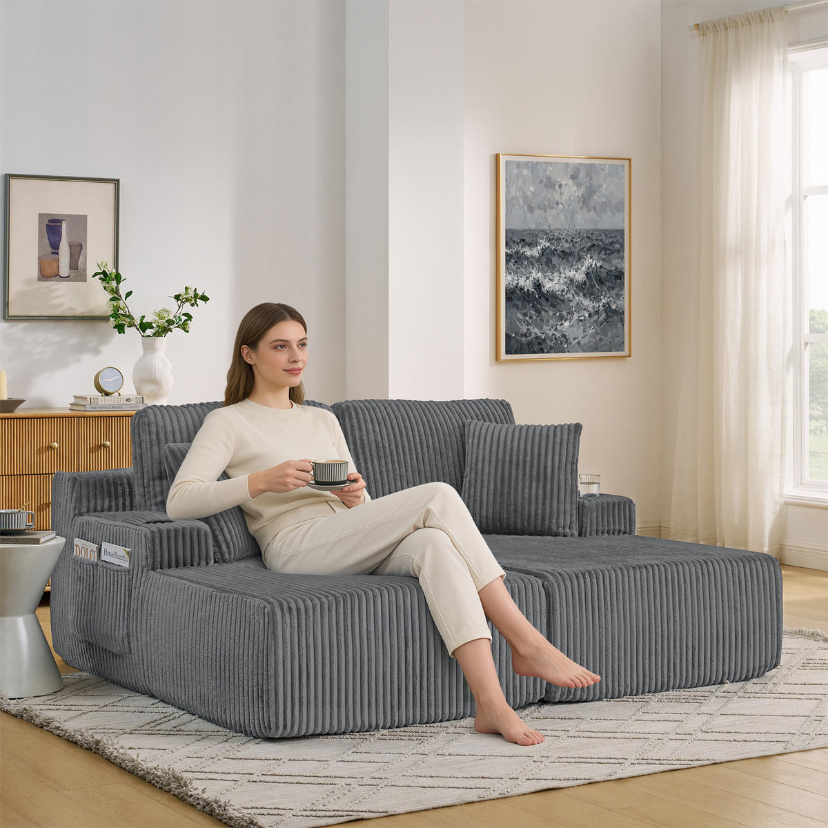 2-SITZER SCHLAFSOFA Cord Grau mit Magazintasche, Getränkehalter und Kissen - Grau, Textil (186/78/154cm) - WISHDOR