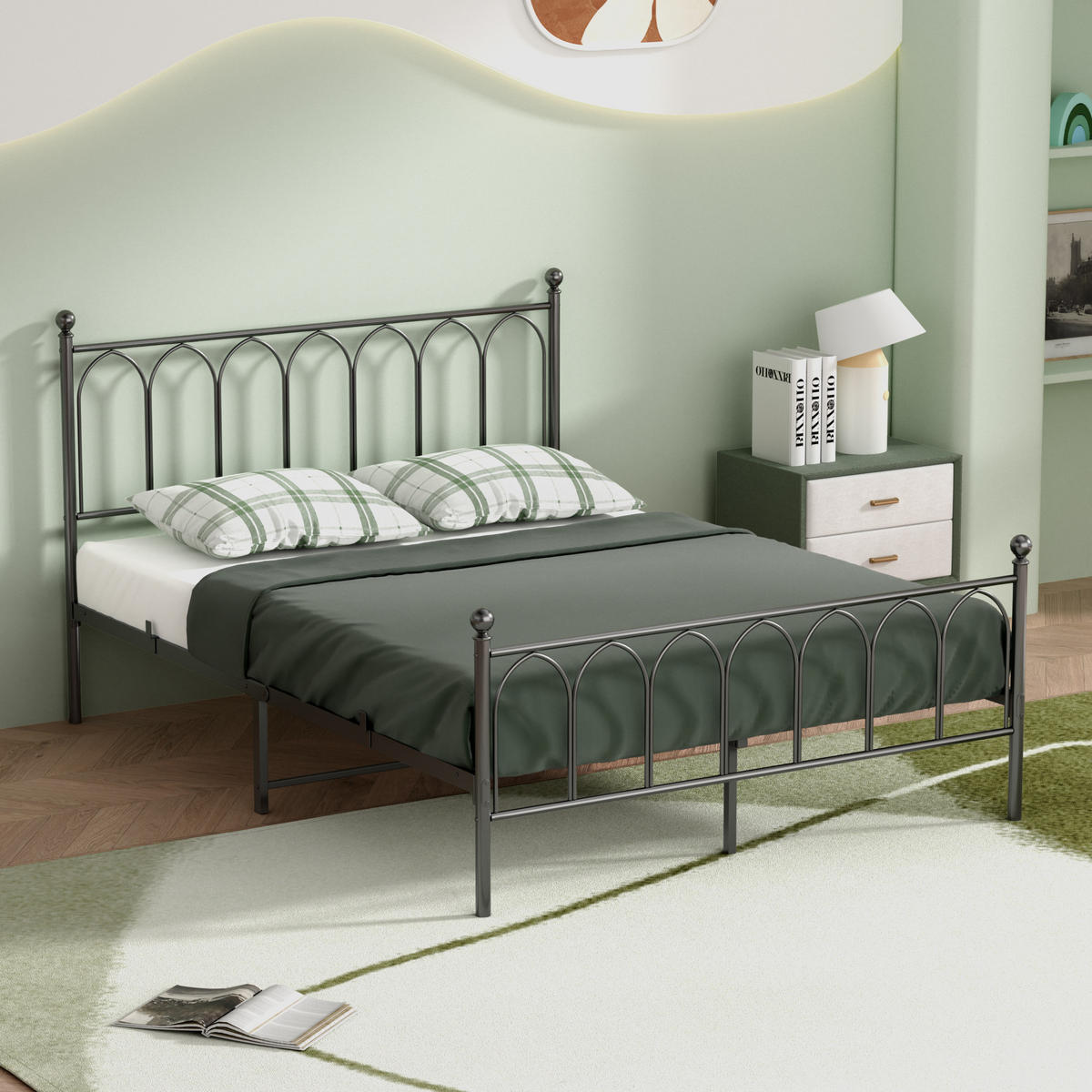 METALLBETT 140/200 mit Stauraum unter dem Bett, mit Lattenrost, Schwarz - Schwarz, Metall (140/200cm) - STILVORA