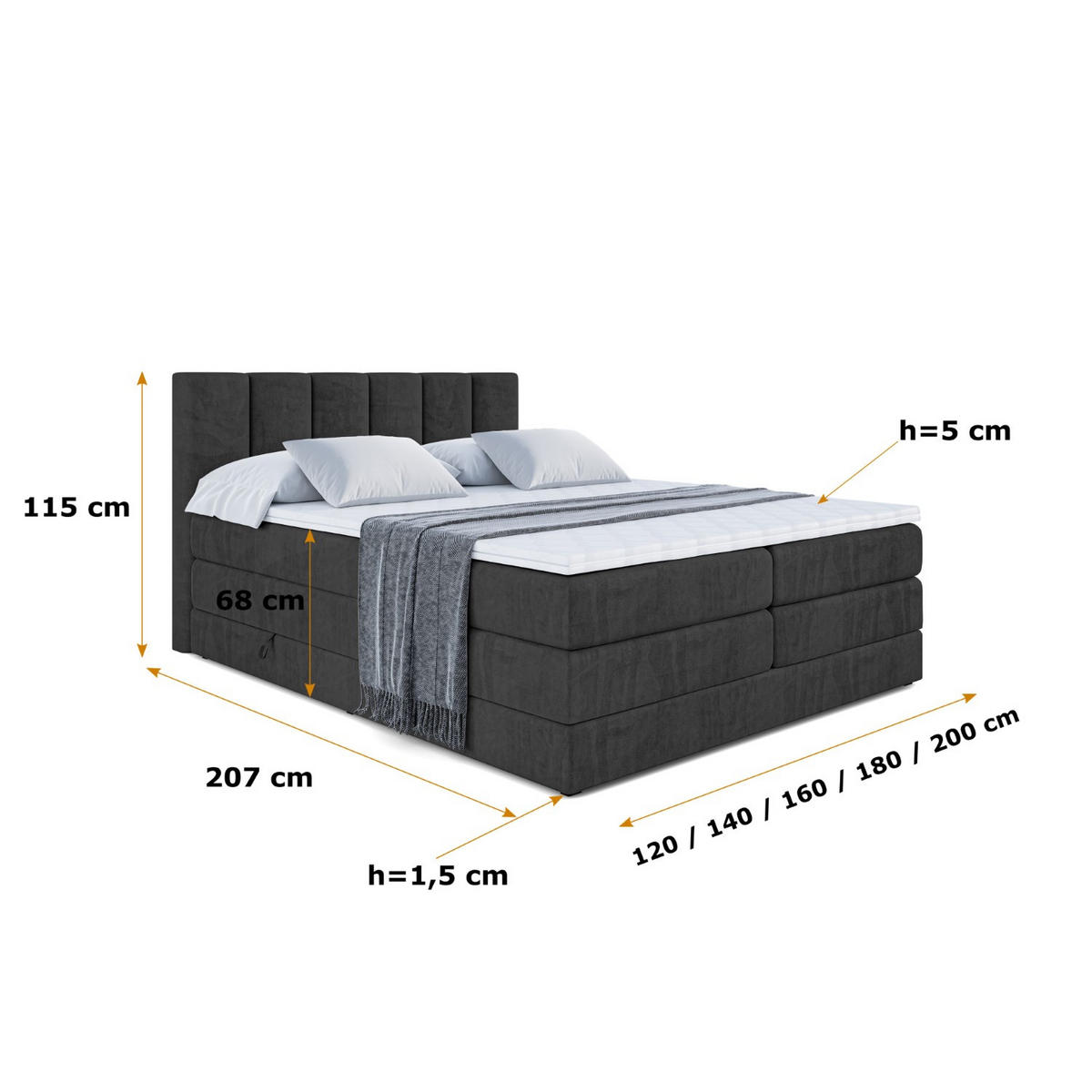 BOXSPRINGBETT BOXI1 KING - 120x200 - H3/H4 - Schwarz - Schwarz, Holzwerkstoff (120/200cm) - ALTDECOR