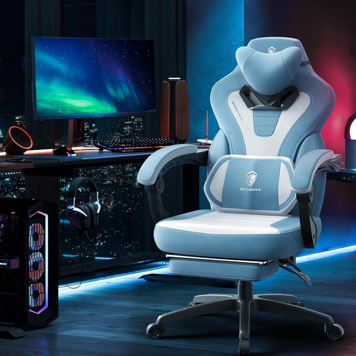 GAMING Stuhl mit Fußstütze für Erwachsene & Massage, Stoff, bis 150 KG - Blau, Textil (65/114/65cm)