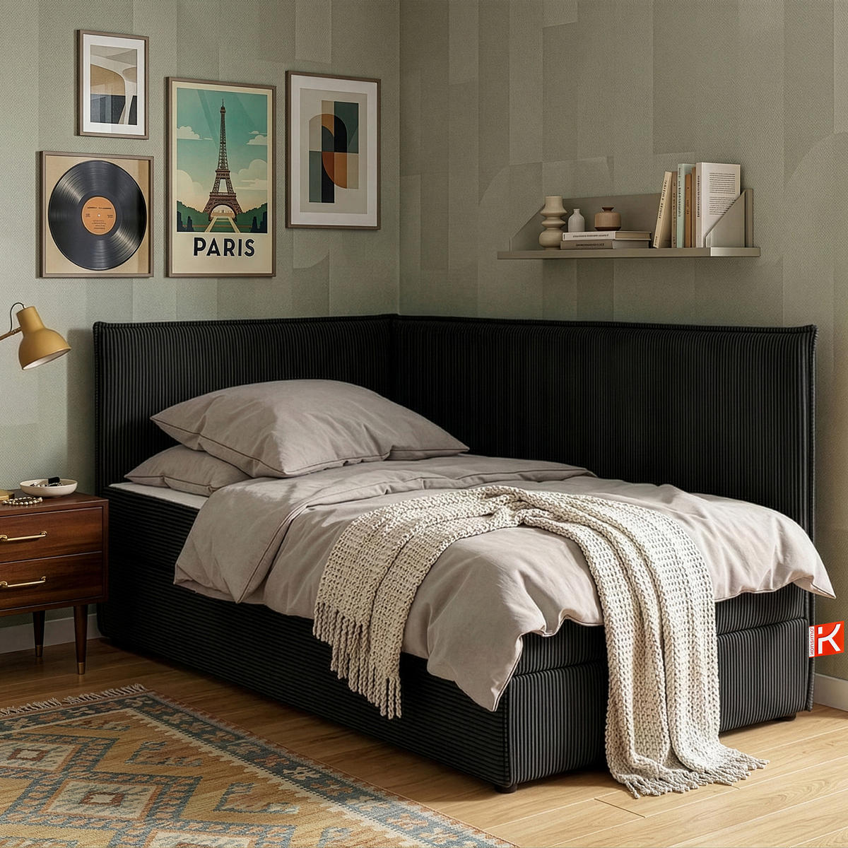 JUGENDBETT ROTI Einzelbett mit Bettkasten, 90x200cm, Bett mit Bonellmatratze, mit Rückenlehne - Schwarz, Holz/Holzwerkstoff (92/200cm) - KONSIMO®