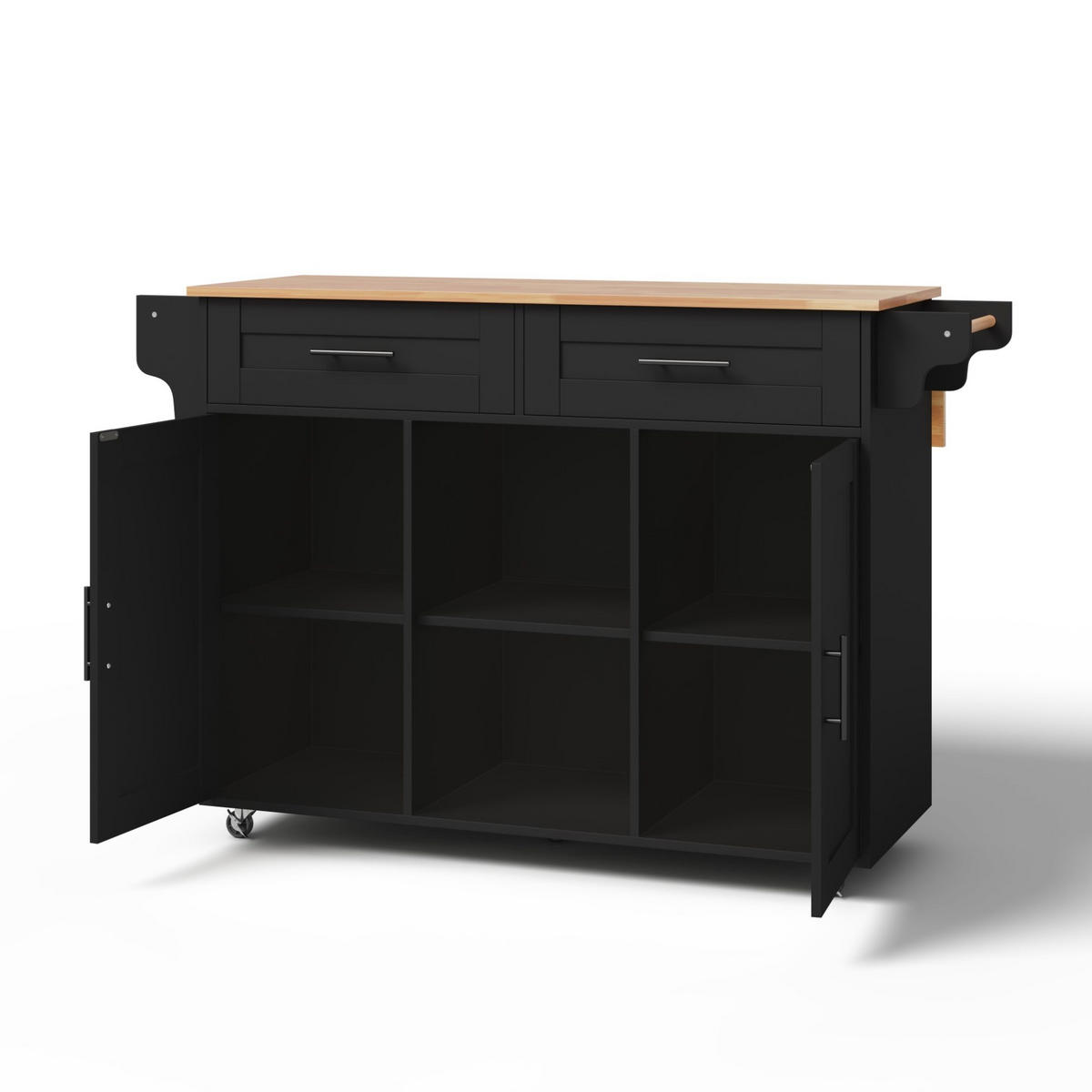 KÜCHENINSEL 145/70/94,5 cm mit ausziehbarer Arbeitsplatte, 2 Schubladen und 5 Rollen, Schwarz - Schwarz, Holzwerkstoff (145/94.5/70cm) - Redom
