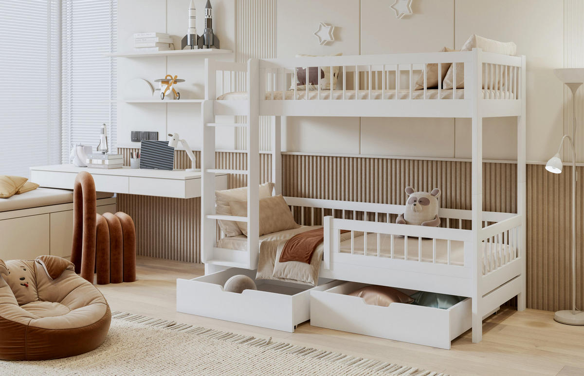 ETAGENBETT COEN 90x200 cm Weiß – Kinderbett aus Holz für 2 Personen mit 2 Schubladen, Rausfallschutz und Leiter – Stockbett Jugendbett - Weiß, Holz (80/180cm)