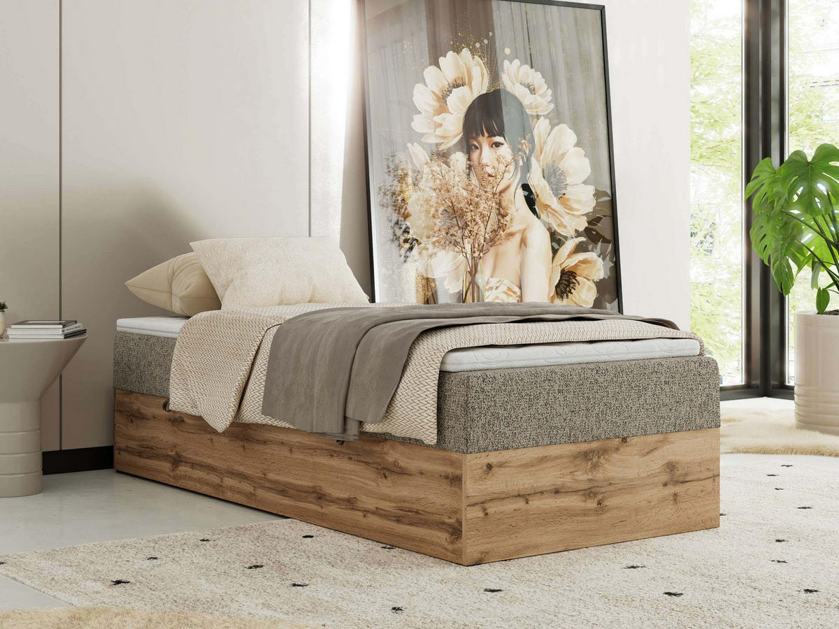 BOXBETT WOOD ZERO 90/200 - Dunkelbeige Struktur - H4 - Topper Visco - Cappuccino, Textil (90/200cm) - MKS