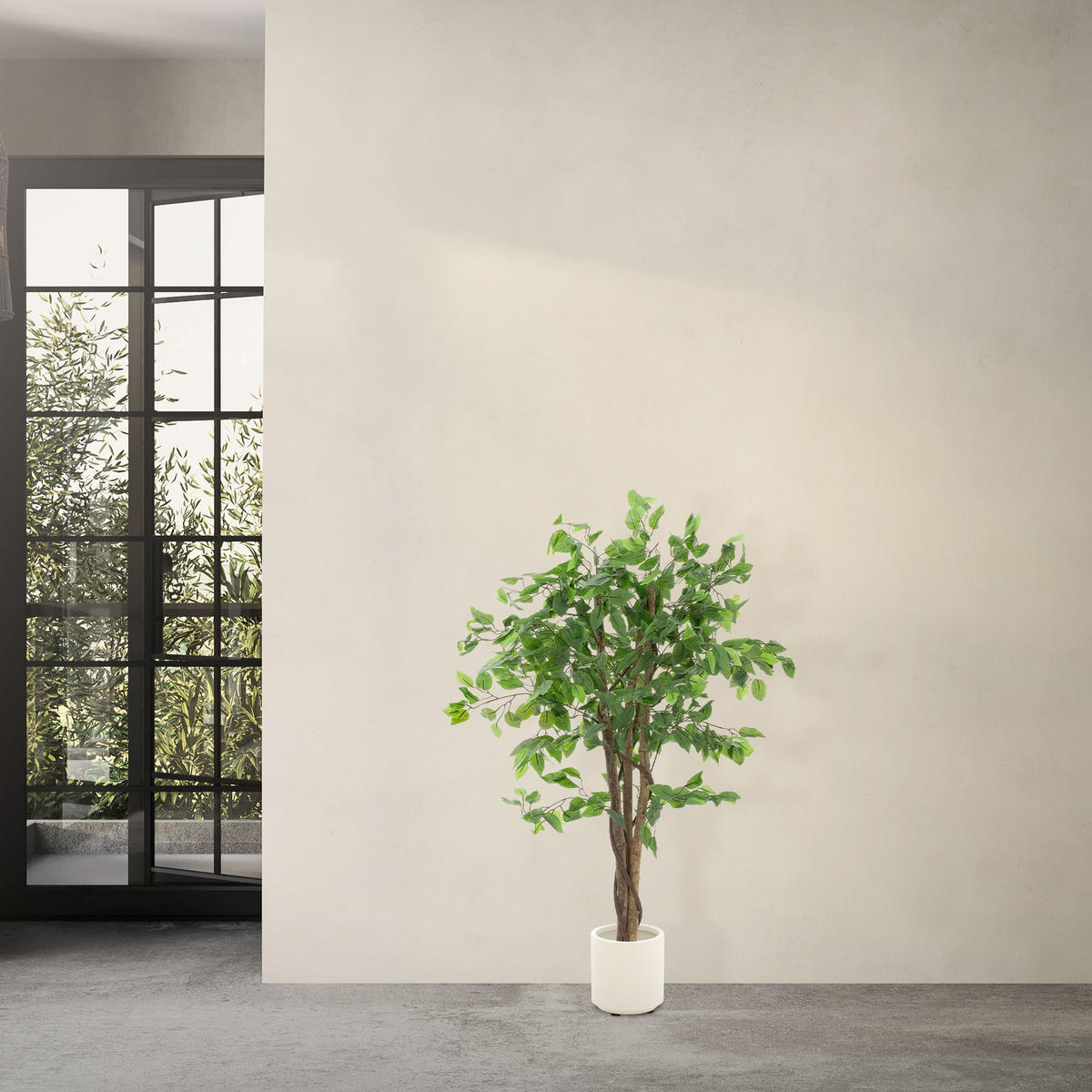 KUNSTPFLANZE Ficus 120 cm mit Naturholzstamm für Innen/Außen - Schwarz/Grün, Kunststoff/Textil (120cm) - ML-DESIGN