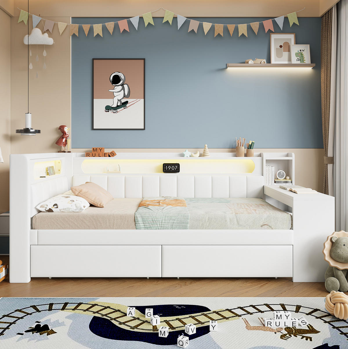POLSTERBETT aus MDF, Sperrholz und Leinen 90x200 cm Weiß mit LED, USB, Schreibtisch und 2 Schubladen - Weiß, Holzwerkstoff (90/200cm) - Modfu