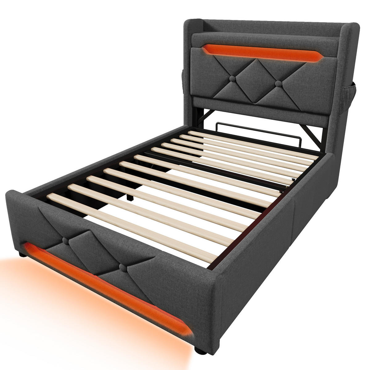 POLSTERBETT mit LED-Beleuchtung 90/200 cm mit Bettkasten und USB-C, Grau - Grau, Textil (90/200cm) - BEAOK