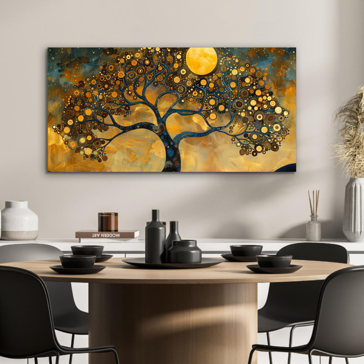 METALLBILD Baum - Mond - Blumen - Gold - Kunst 80x40 cm - Orange, Metall (80/40cm) - MuchoWow