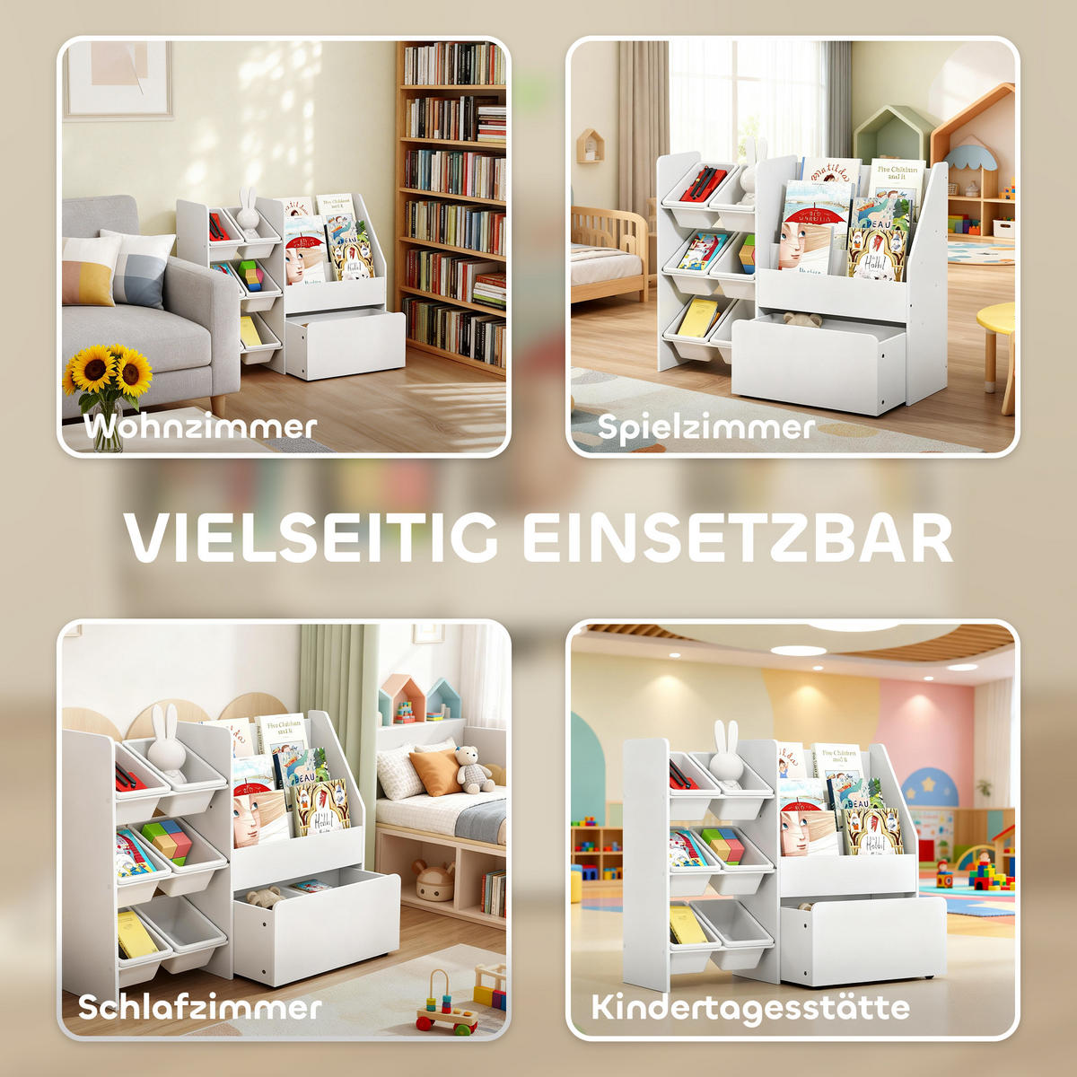 SPIELZEUGREGAL DE-09568 6 Behälter mit rollbarer Box Weiß - Weiß, Holzwerkstoff (100/80/30cm) - ComfortXL