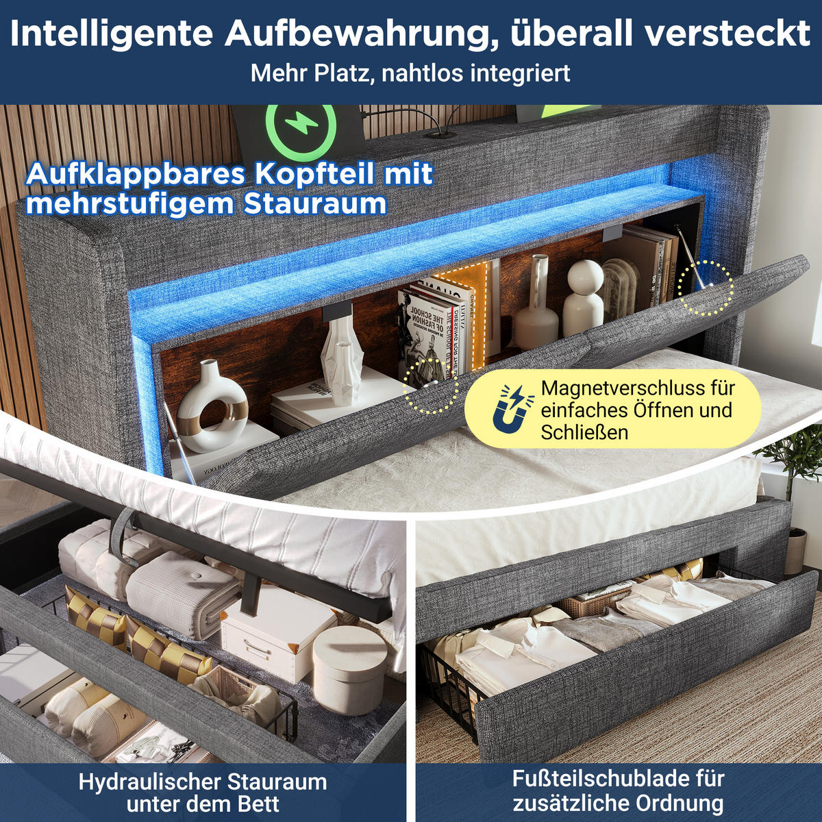 POLSTERBETT 140/200 cm mit LED-Beleuchtung, USB- und USB-C-Anschluss, hydraulischem Stauraum und Schublade und Matratze, Grau - Grau, Textil (140/200cm) - Redom