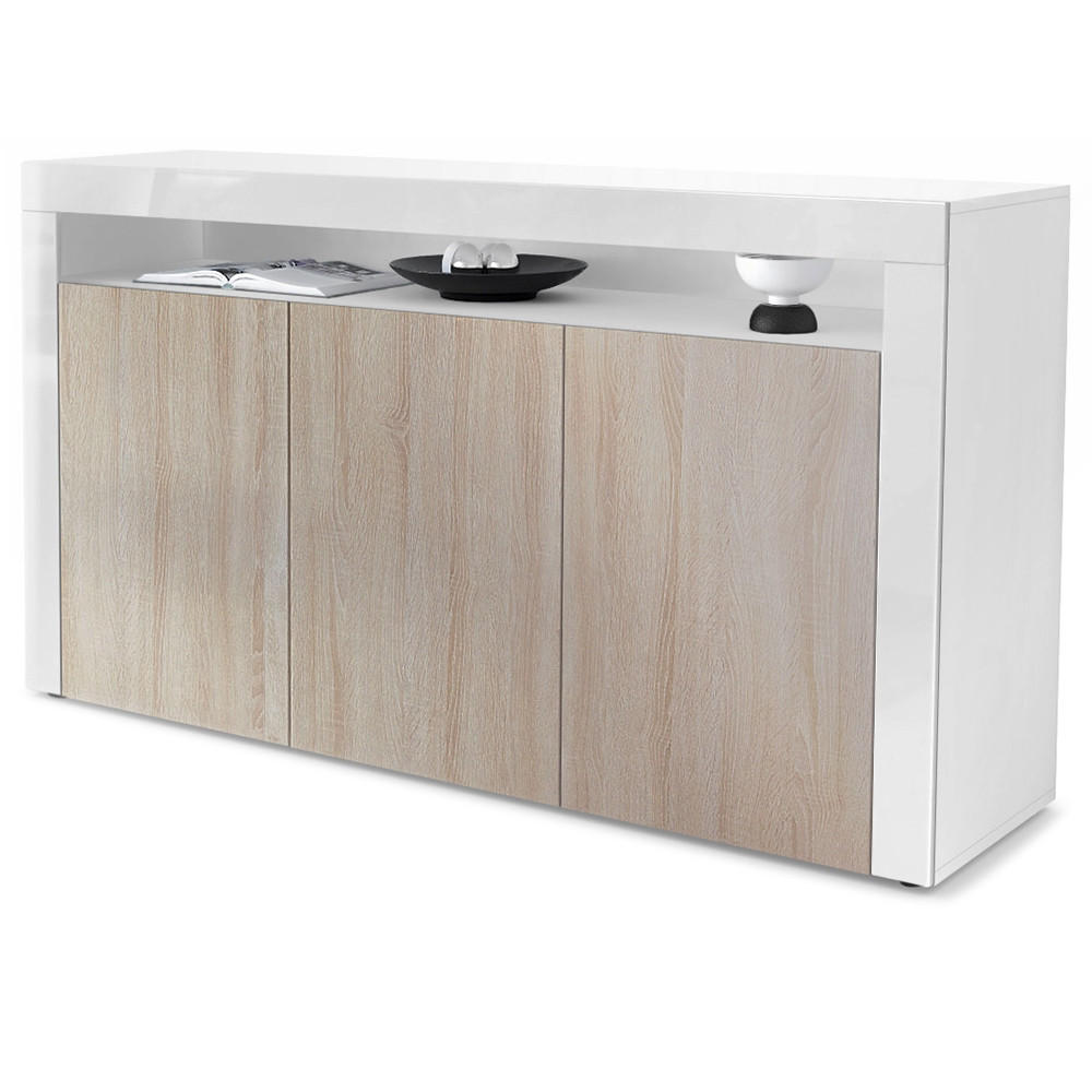 SIDEBOARD Valencia Eiche sägerau / Weiß Hochglanz - Eiche San Remo, Holzwerkstoff (155/92/40cm) - Vladon