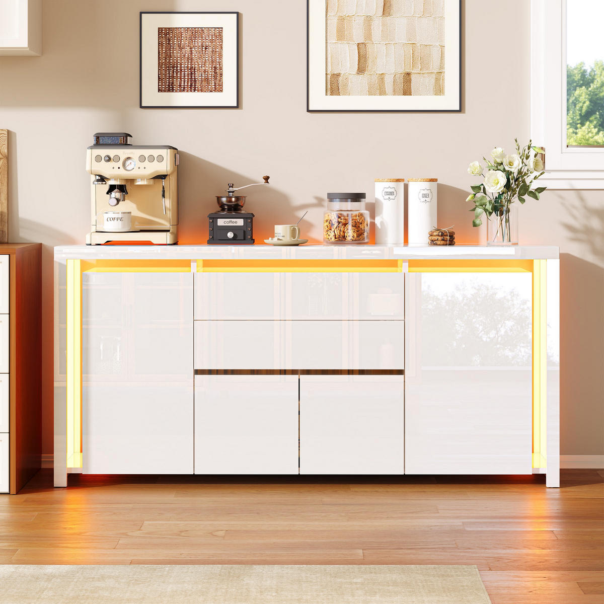 SIDEBOARD 160 cm Hochglanz mit LED, 4 Türen und 2 Schubladen, Küchenschrank mit Stauraum, Weiß - Weiß, Holzwerkstoff (160/35/75cm) - Waldena