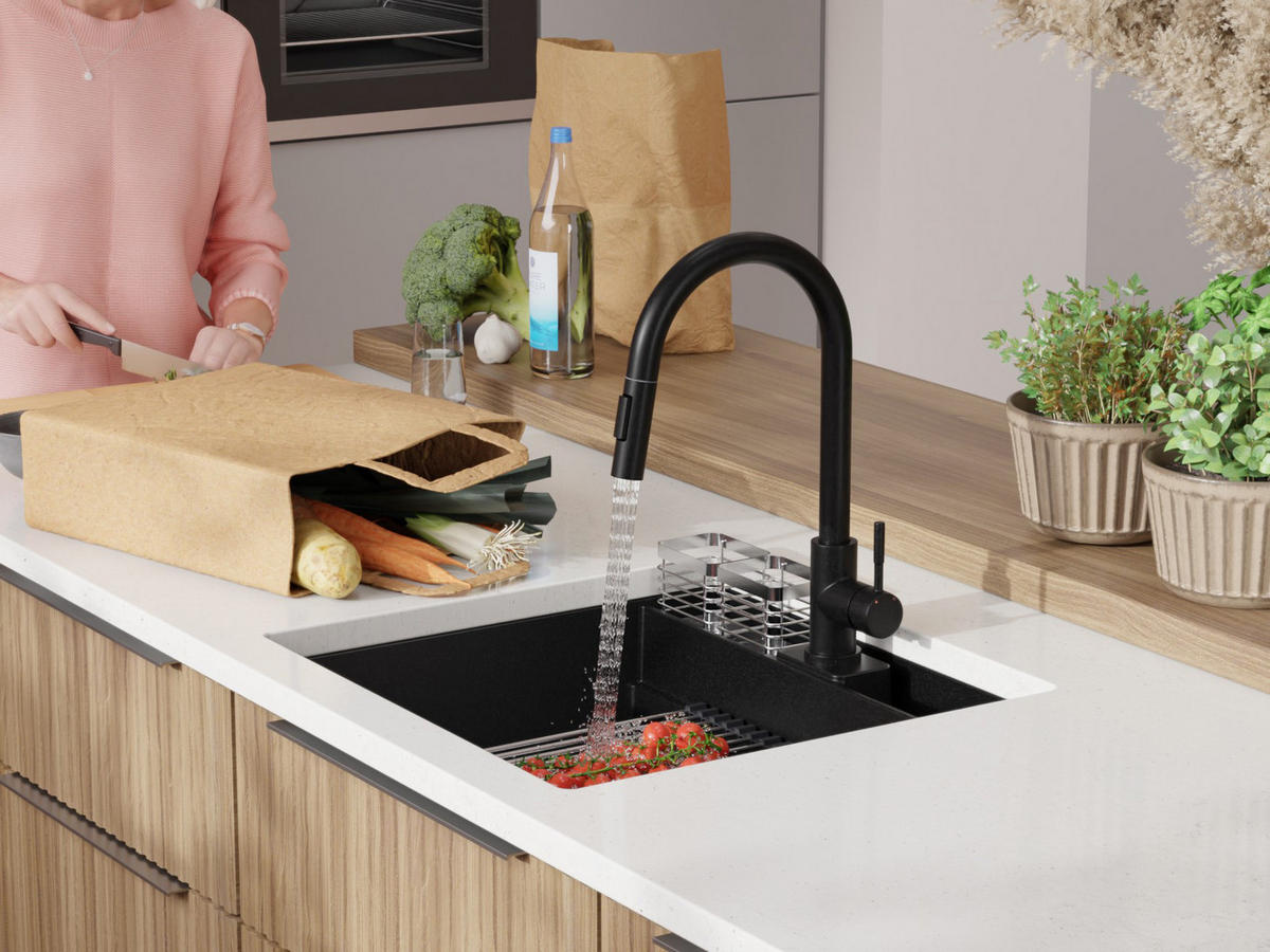 UNTERBAUSPÜLE GRANIT Bergen Pocket, 2-er set Schwarz 56/54 cm 1 Becken + Ablauf-Set + Küchenzubehörset ab 60er Unterschrank - Chromfarben/Beige, Kunststoff (56/20/54cm) - Primagran