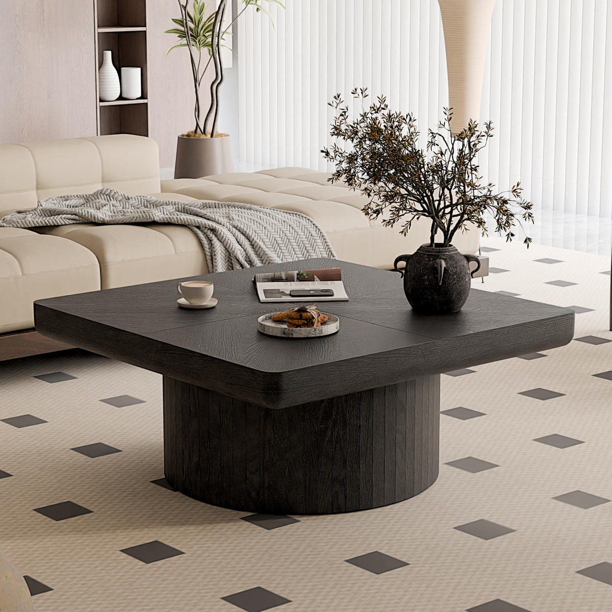 COUCHTISCH Couchtisch 78x78cm Quadratisch-Schwarz Holzfurnier Zylinderfuß - Schwarz, Holz (78/78/38cm) - Raelunyi
