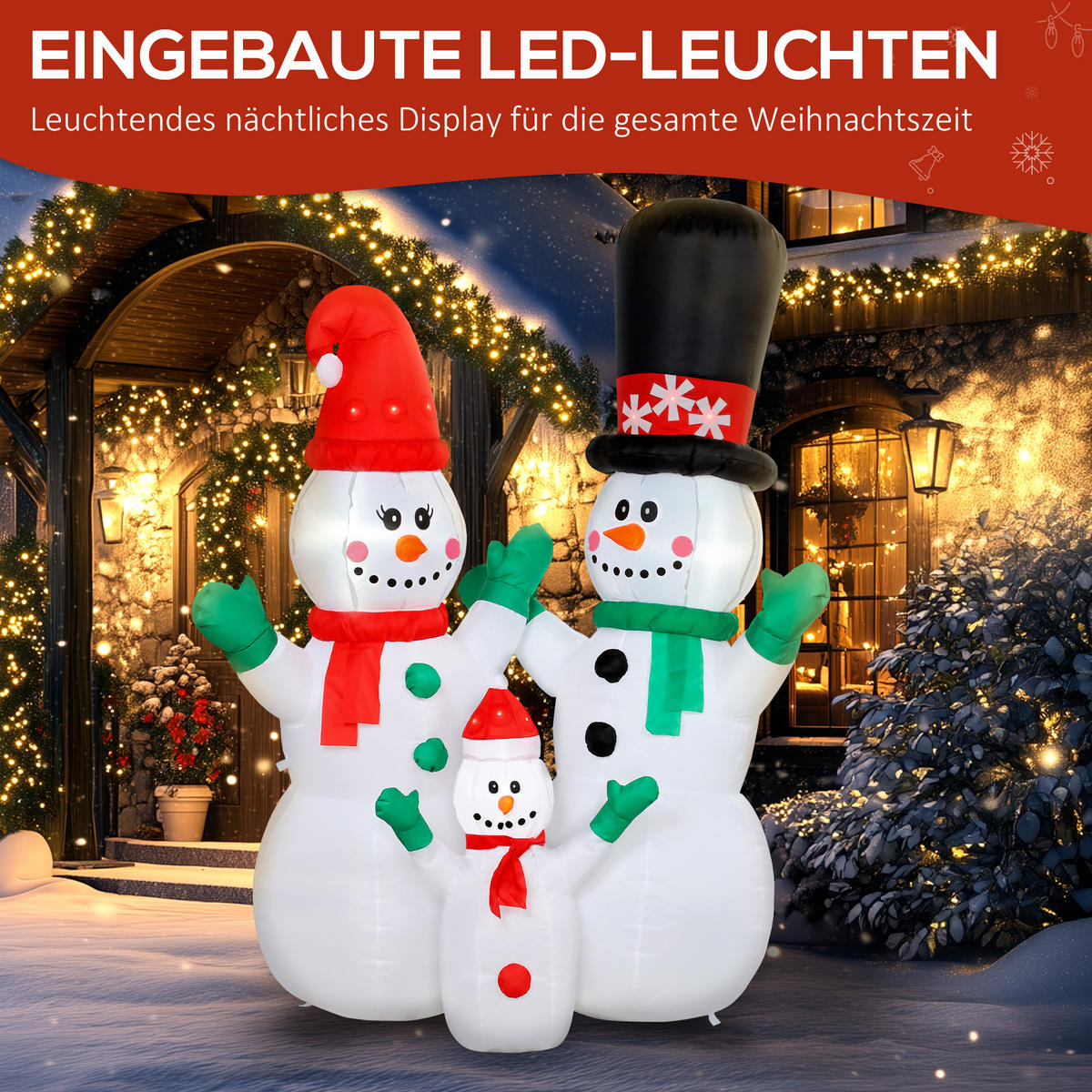 AUFBLASBAR Schneemann Familie, 1,8 m Weihnachtsdeko mit LED-Beleuchtung - Weiß, Textil (80/180/165cm) - Outsunny
