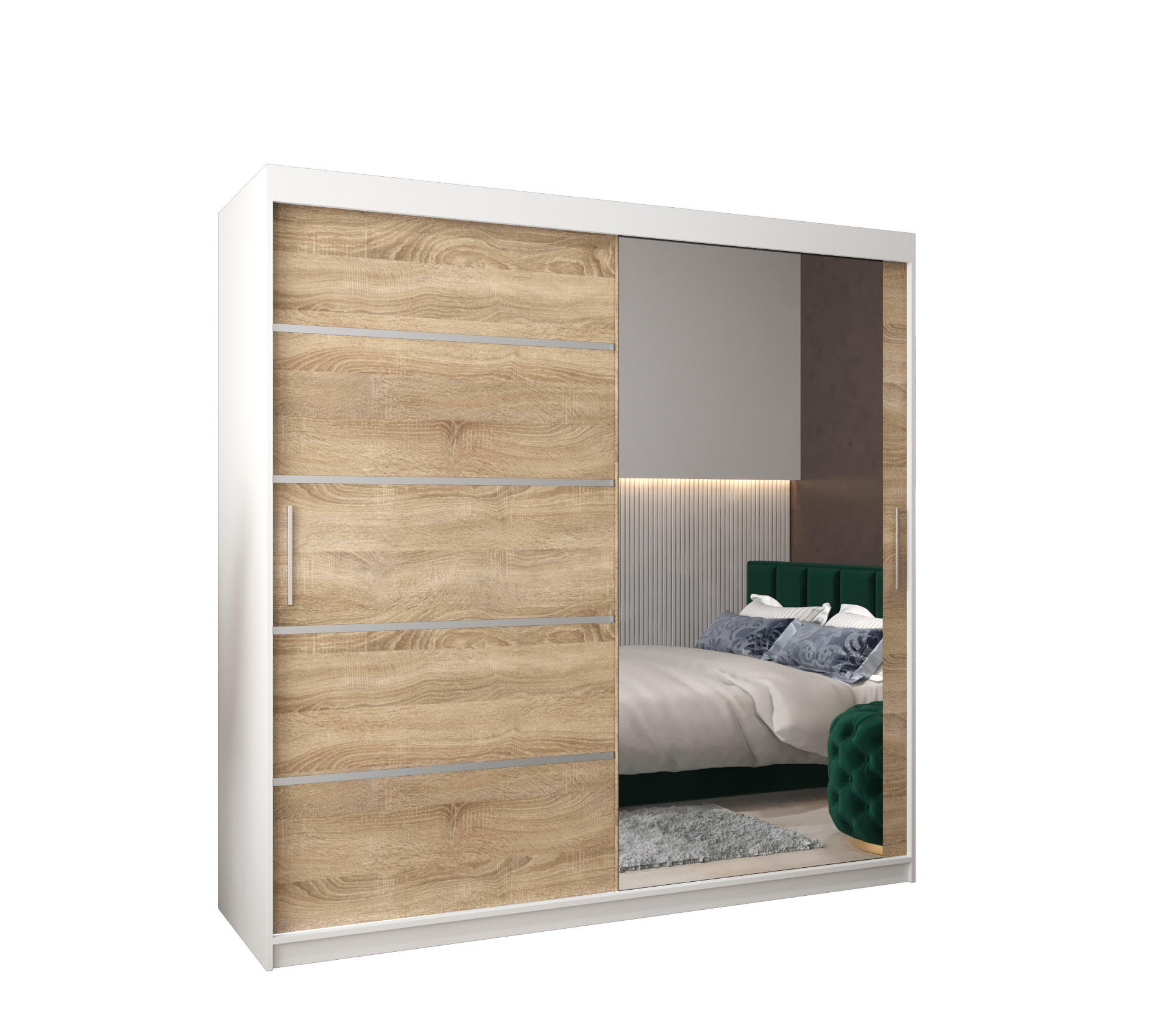 Abiks Möbel Schwebetürenschrank Weiß, Sonoma Eiche, Silber 200x200x62 cm